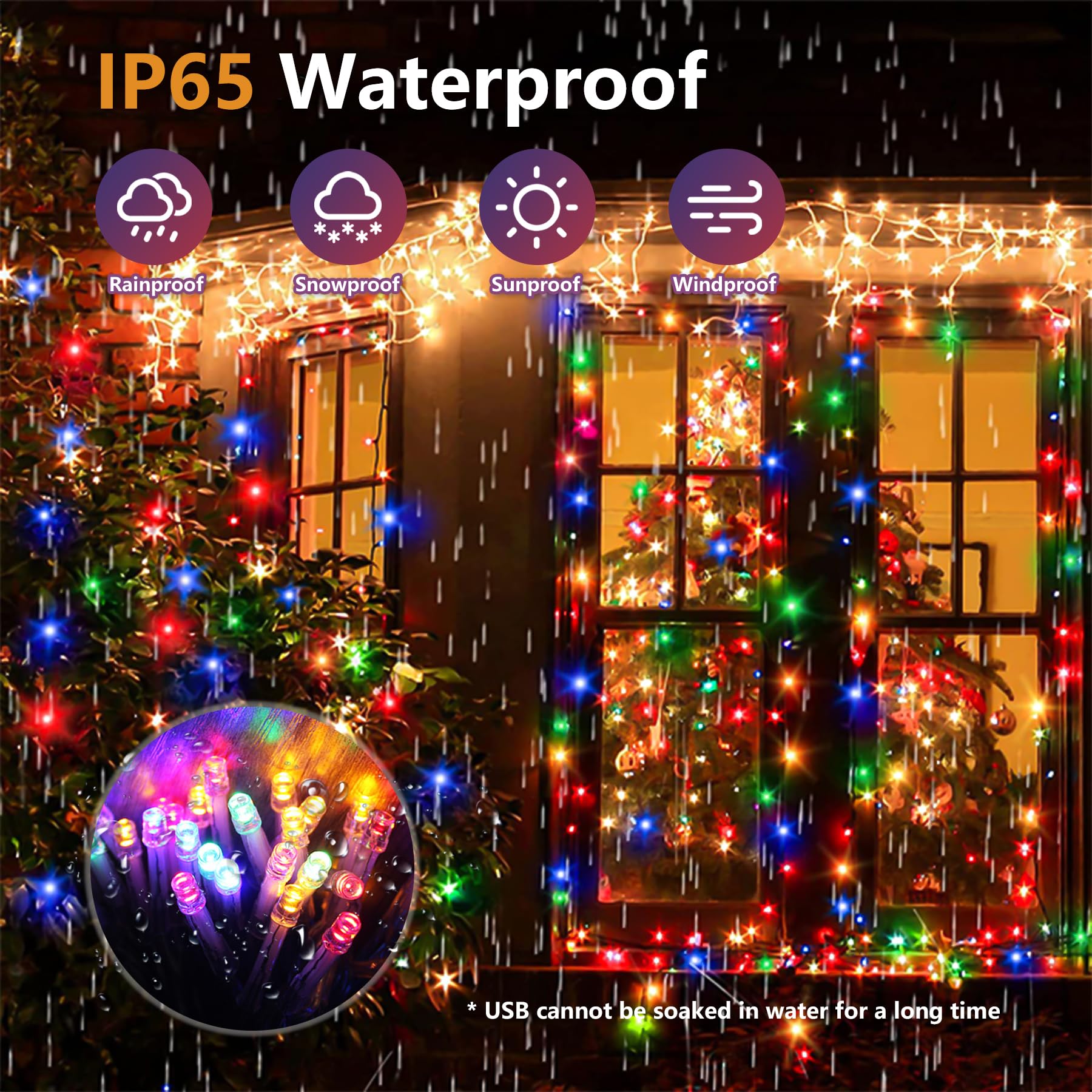Guirnalda de luces de petardo, 200 LED, luz estrellada, 8 modos USB con control remoto, impermeable, para interiores y exteriores, luces decorativas para camping, dormitorio, boda, fiesta