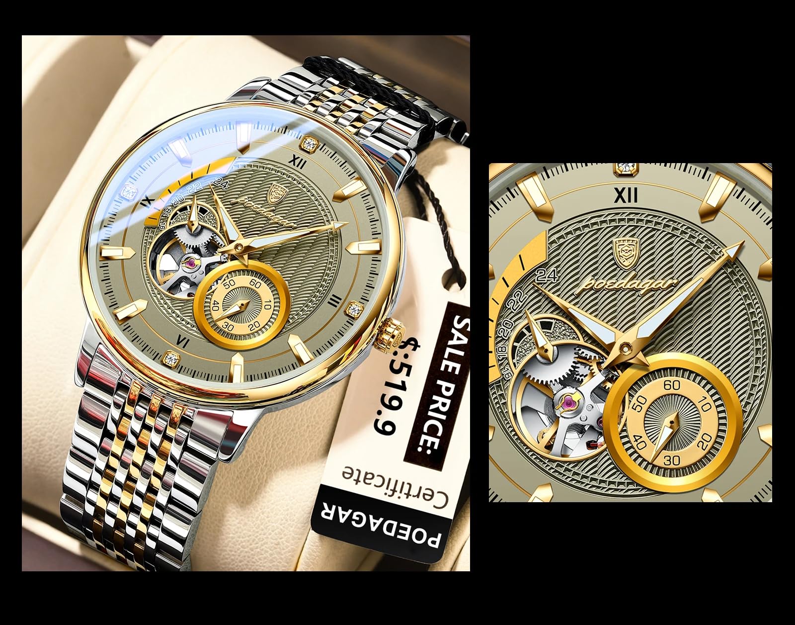 Poedagar Luxuriöse Herren-Armbanduhr, automatisches Skelett, mechanisch, wasserdicht, leuchtend, hohl, Tourbillon, Edelstahl, Herrenuhren