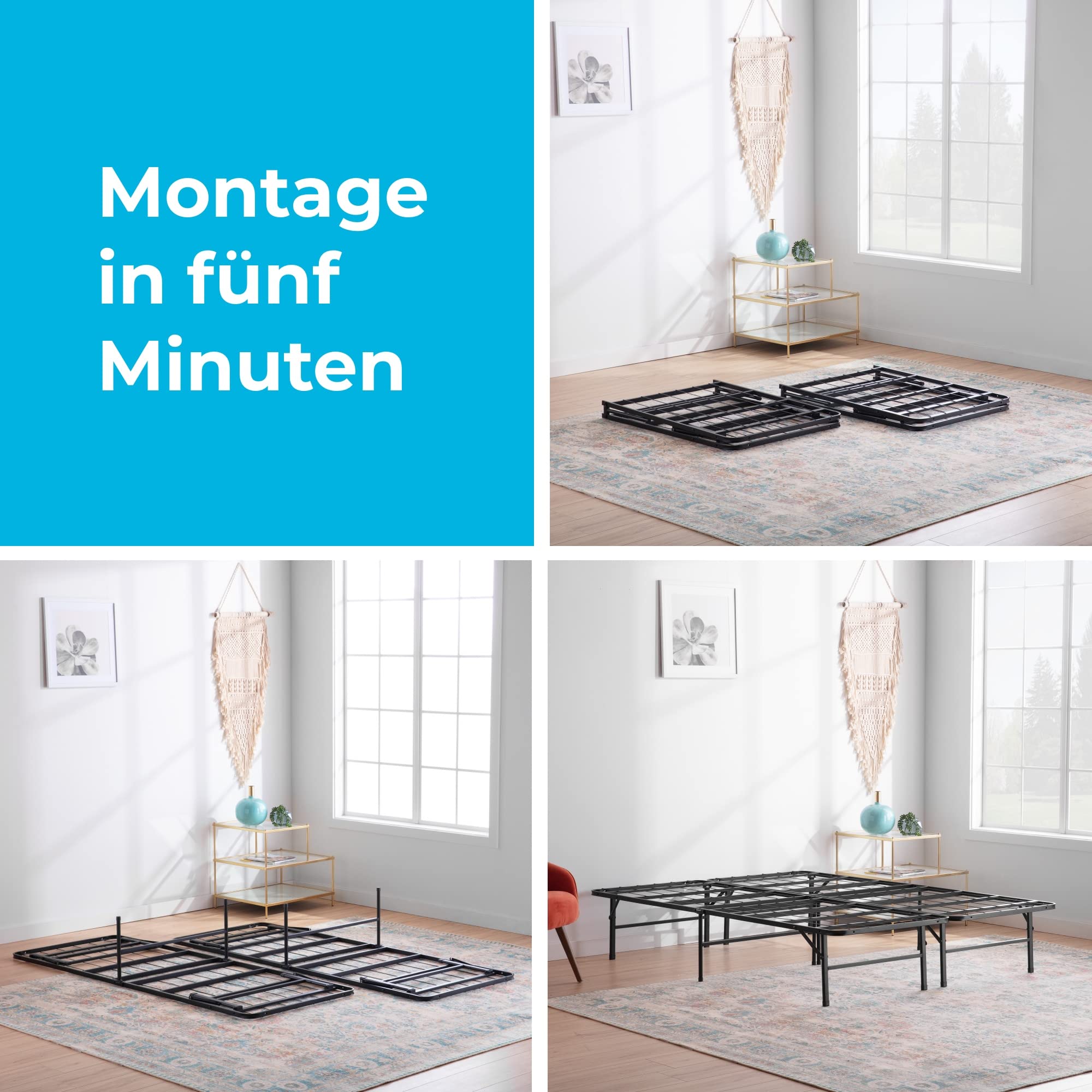 Linenspa Metallbett mit Lattenrost – Klappbett – 33 cm Stauraum unter Bettgestell – Montage in 5 Minuten – Bett 180x200 cm, Schwarz, Queen