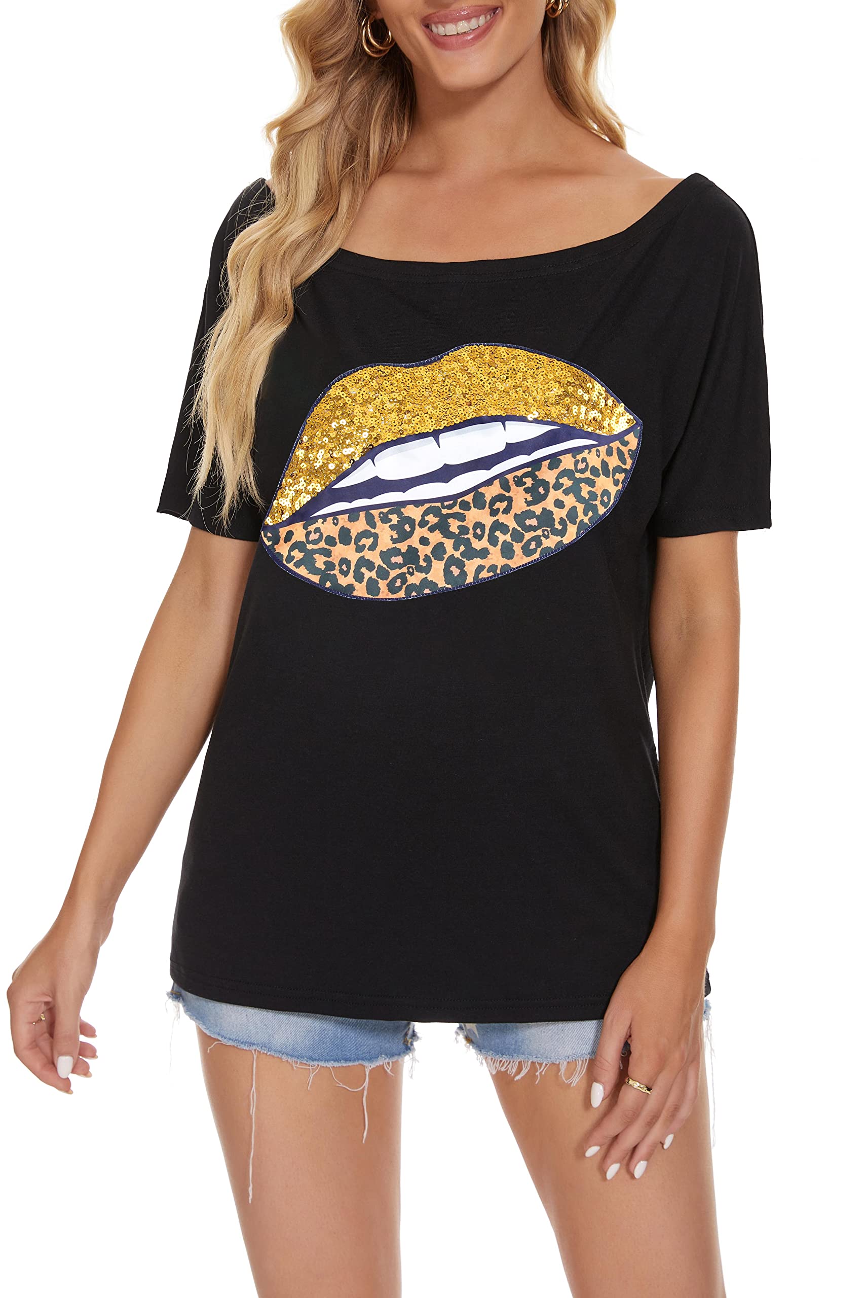 PESION Womens Short Sleeve T-Shirt Sequined Tops O-Neck Funny Graphic Tees Blouse