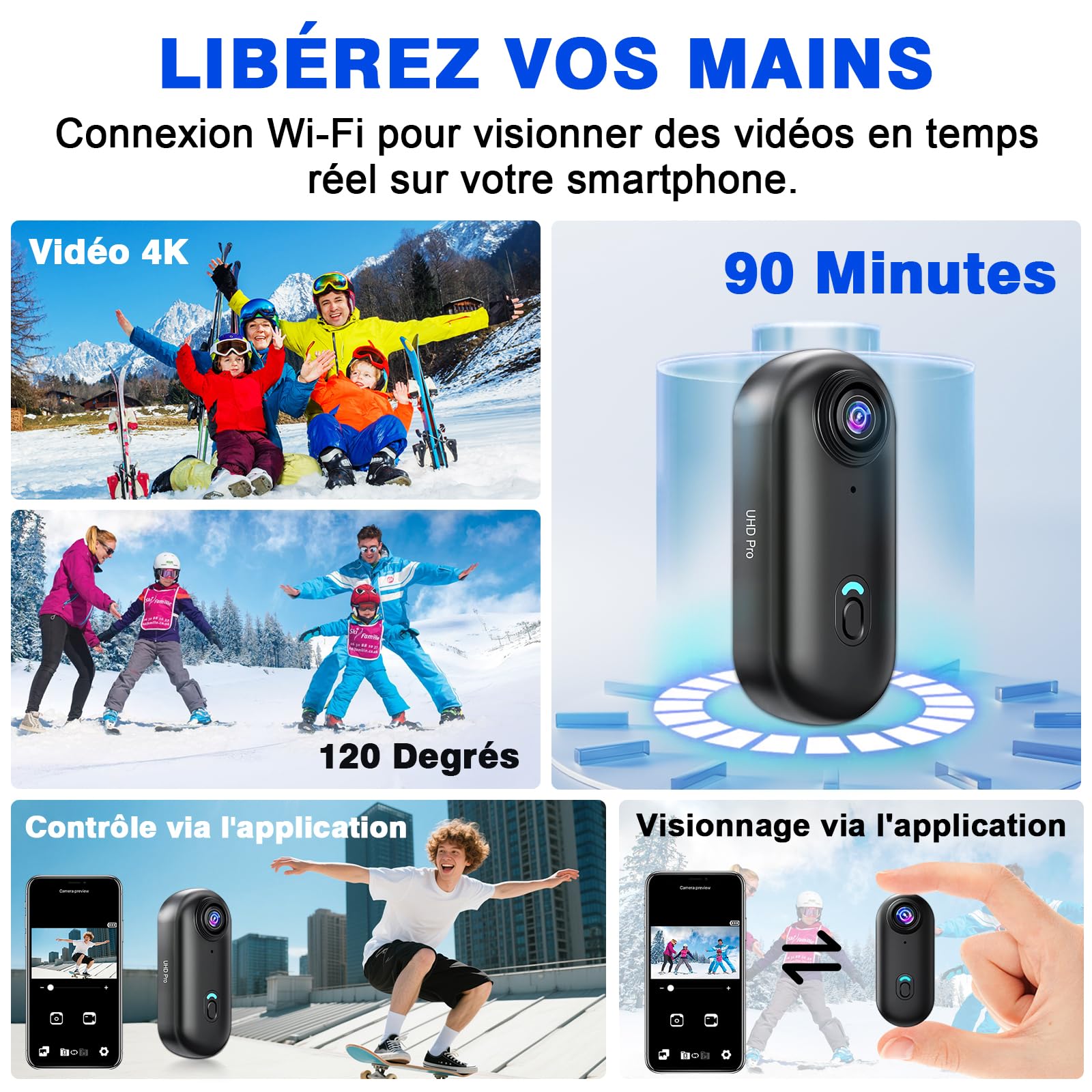 Caméra d'action WiFi 4K 120° Étanche 16 Go avec Accessoires de Fixation