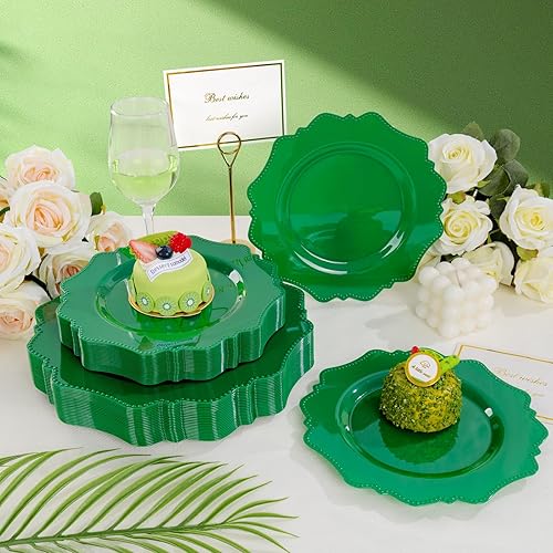 Miniatura 4 de Platos de plástico desechables, 60 unidades, platos de fiesta de plástico verde, 30 platos llanos resistentes de 10.5 pulgadas y 30 platos de