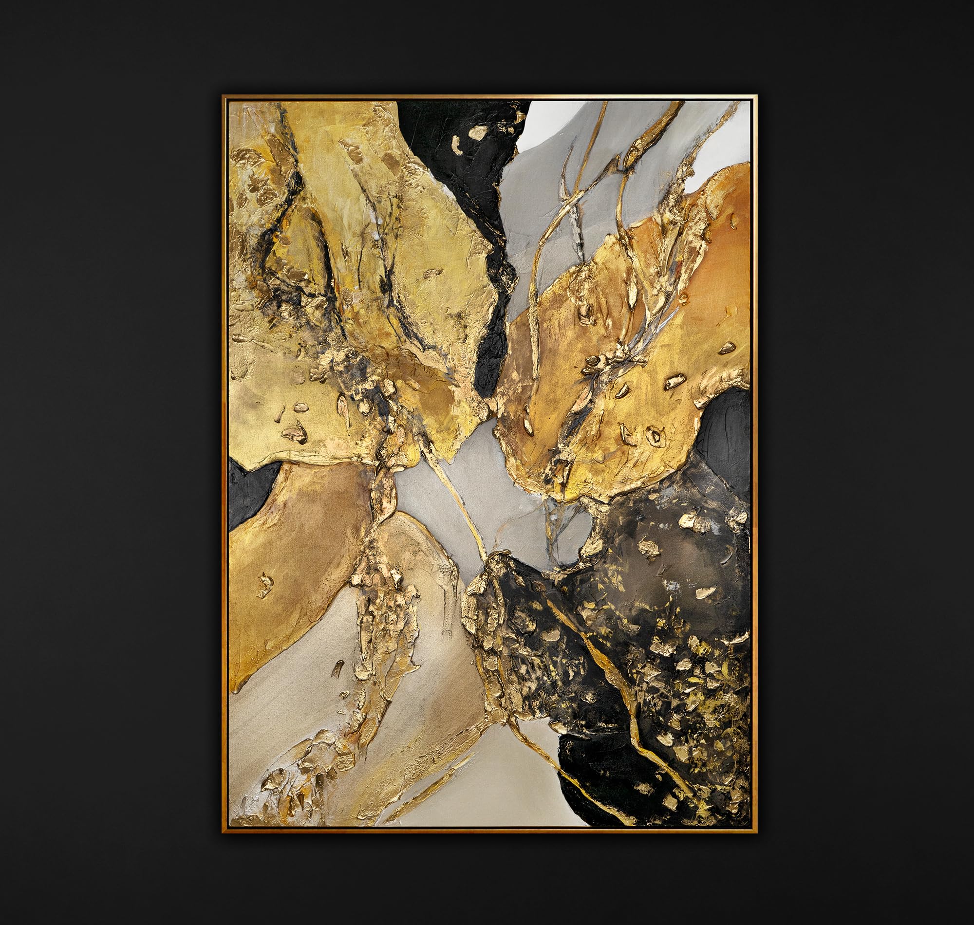 YS-Art Quadro Astratto Oro Nero Dipinto a Mano in Acrilico, Arte Moderna Materica 140x100 cm