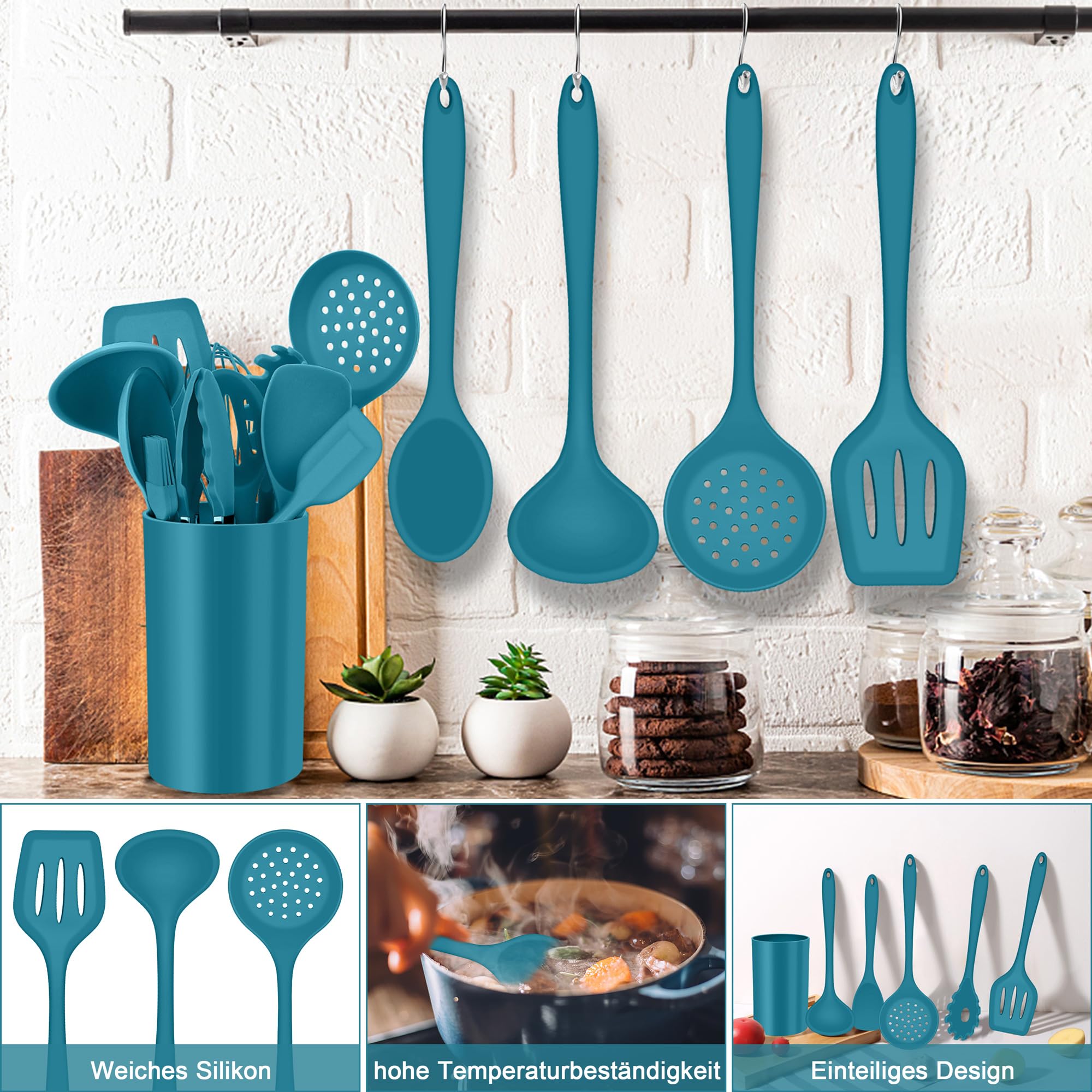 Set 25 Utensili Cucina In Silicone - Antiaderente, Resistente Al Calore, Con Portautensili E Ganci - Foto 12