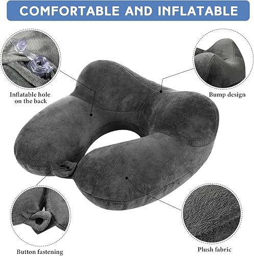 Miniatura 3 de Sintuff 6 almohadas inflables de viaje para aviones con bolsa compacta y venda para los ojos, almohadas inflables de terciopelo suave para viajes,
