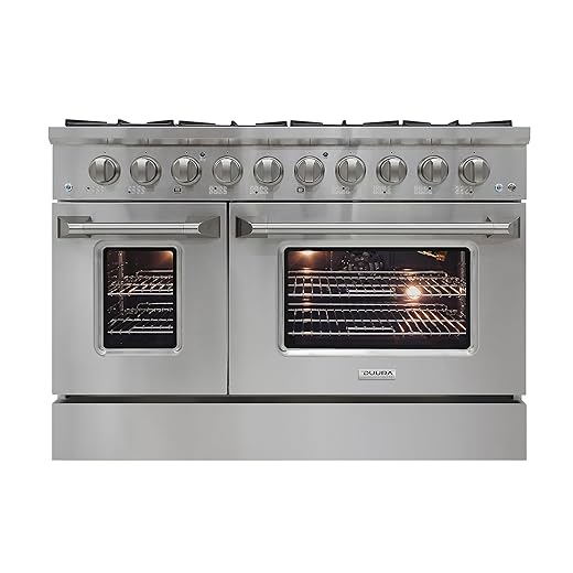 Gas Range Cooktop, 48-Inch with Double Porcelain Convection Oven and Broil Function, 8 Sealed Burners Continuous Grates with Stainless Steel Construction, 6.7-Cu.Ft, Metallic
