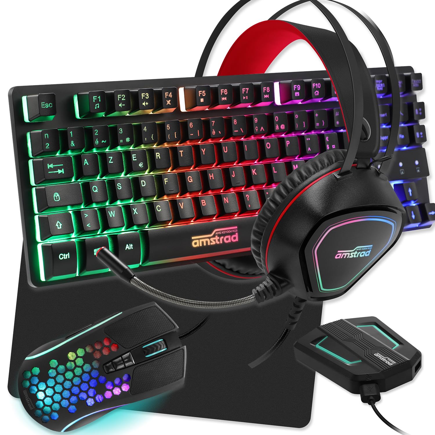Pack Pro Gamer AMSTRAD Legends 6 pièces: Clavier, Souris, Tapis, Casque, convertisseur Compatible PC/​PS4/​Xbox One/​Switch/​PC