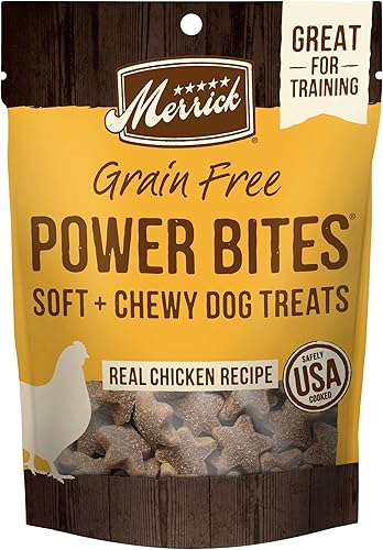 Merrick Power Bites - Golosinas suaves y masticables para perros, sin gluten ni granos, completamente naturales