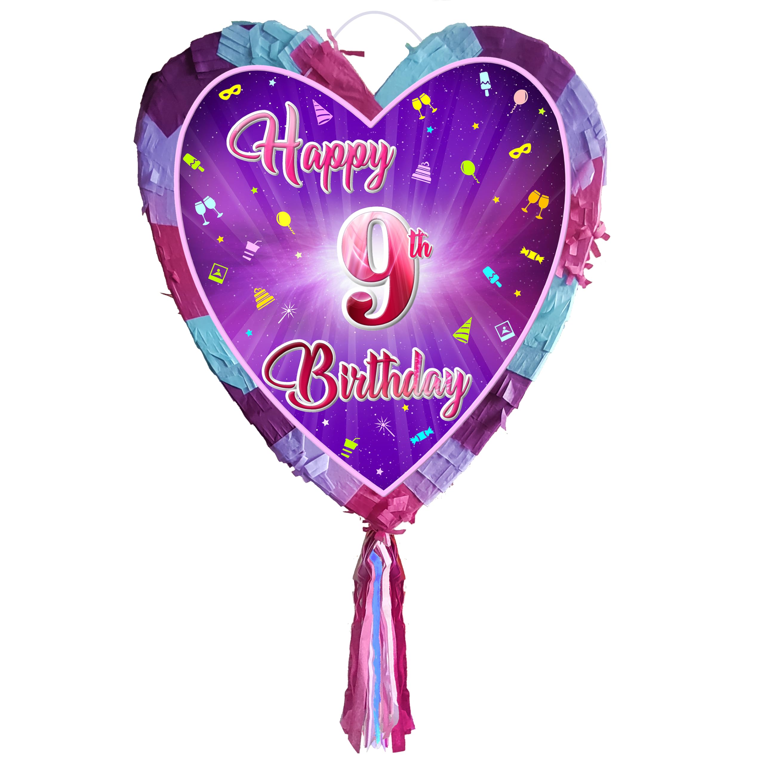 9th birthday pinata with stick - Girls Nine party smashing game - Big 41cm x 38cm, Pink, Purple, Sky Blue - Image 2