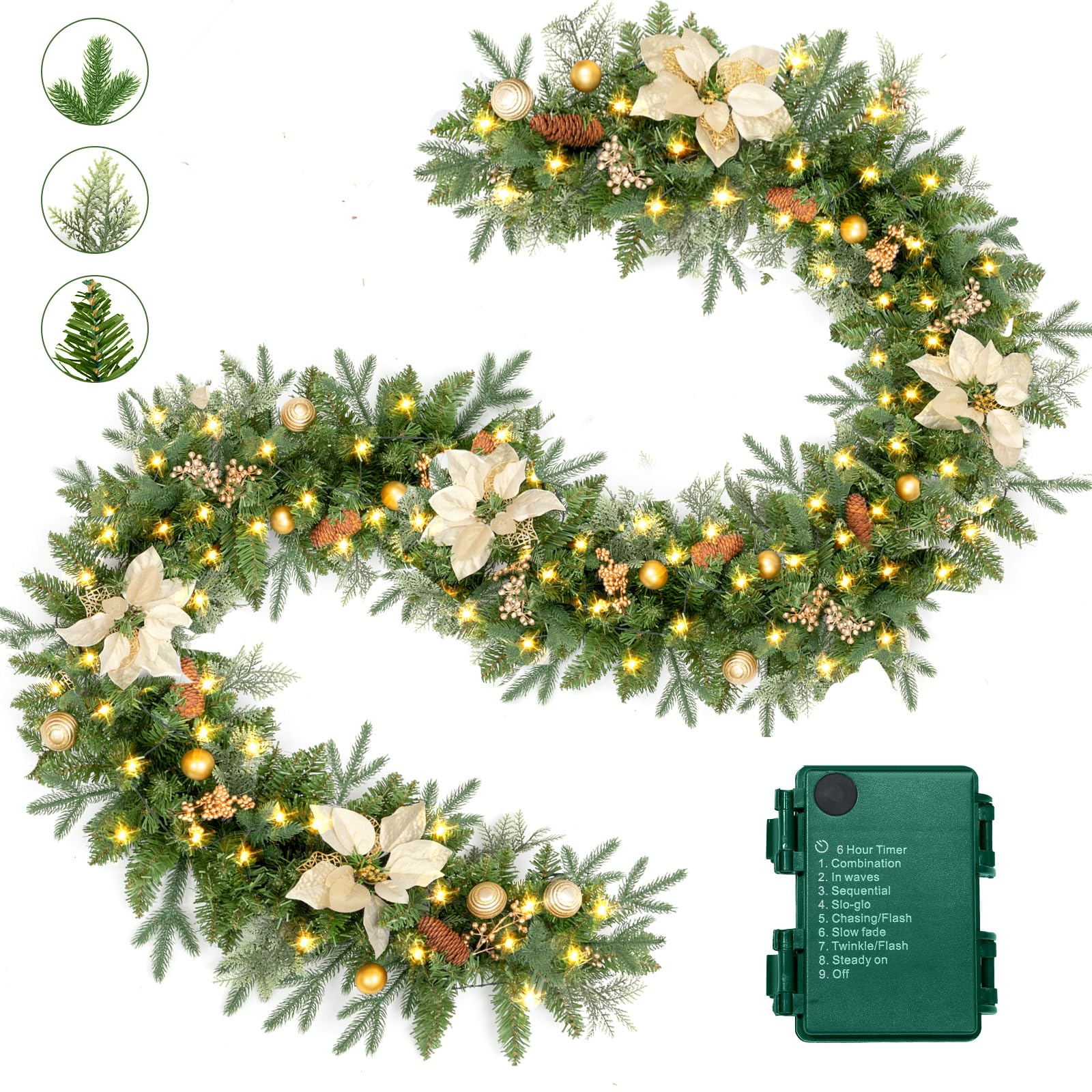 ENVEN Guirnalda de Navidad de 9 pies preiluminada con 50 luces LED, decoración artificial para escaleras, manto, puerta, guirnalda interior y exterior con temporizador que funciona con pilas (flor de