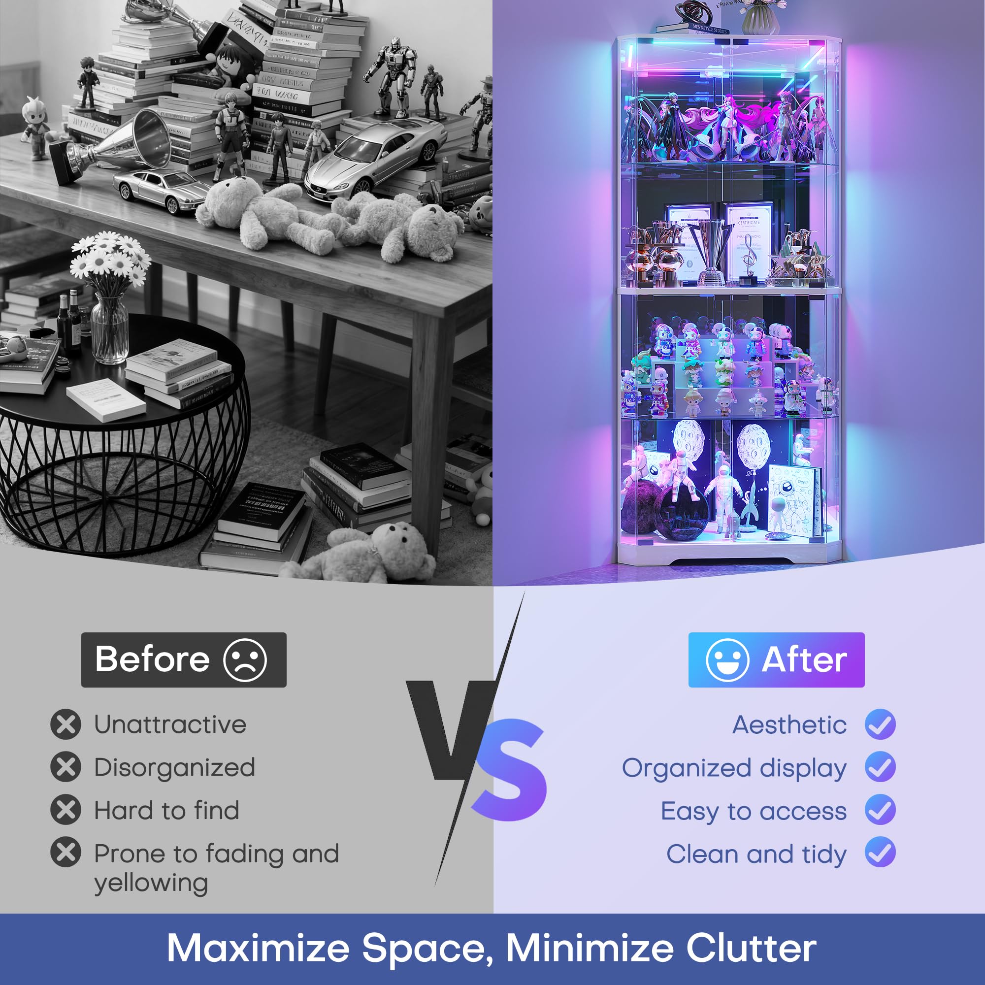 FREDEES 164cm Glasvitrine Stehend Eckvitrine, Vitrinenschrank mit RGB-Beleuchtung für Sammlerstücke, 4-Etagen LED Glas Eck-Kuriositätenschränke für Sammlerstücke/Spielzeug/Bücher, Weiß