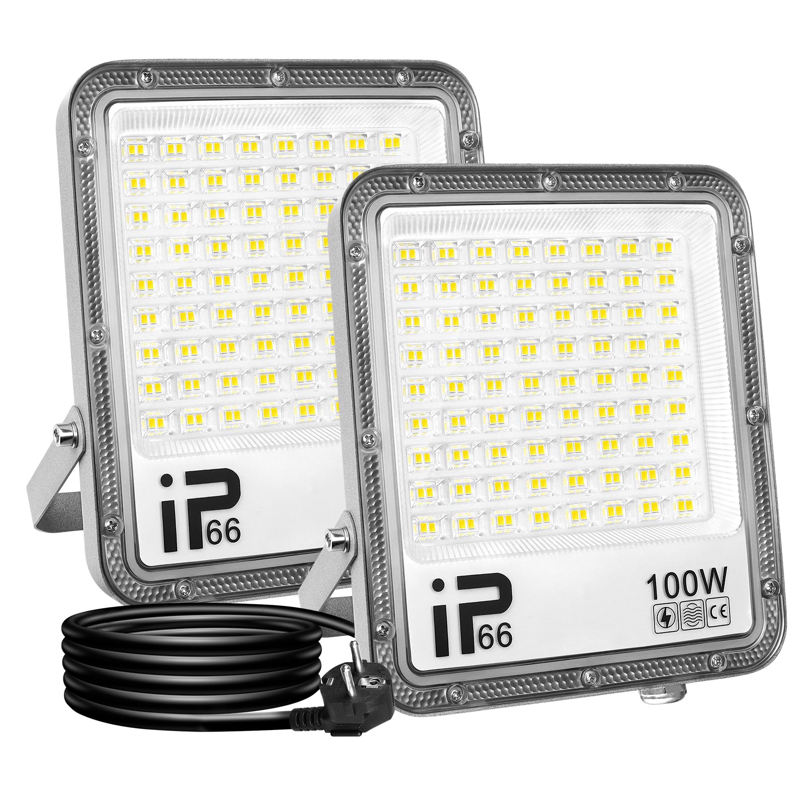 RIGIDON 2x 100W led strahler außen mit stecker, 10000lm außenstrahler, IP66 | wasserdicht, 1 meter kabel, 6000K kaltweiß, led fluter scheinwerfer flutlicht, für garten innenhöfe garage terrassen hof