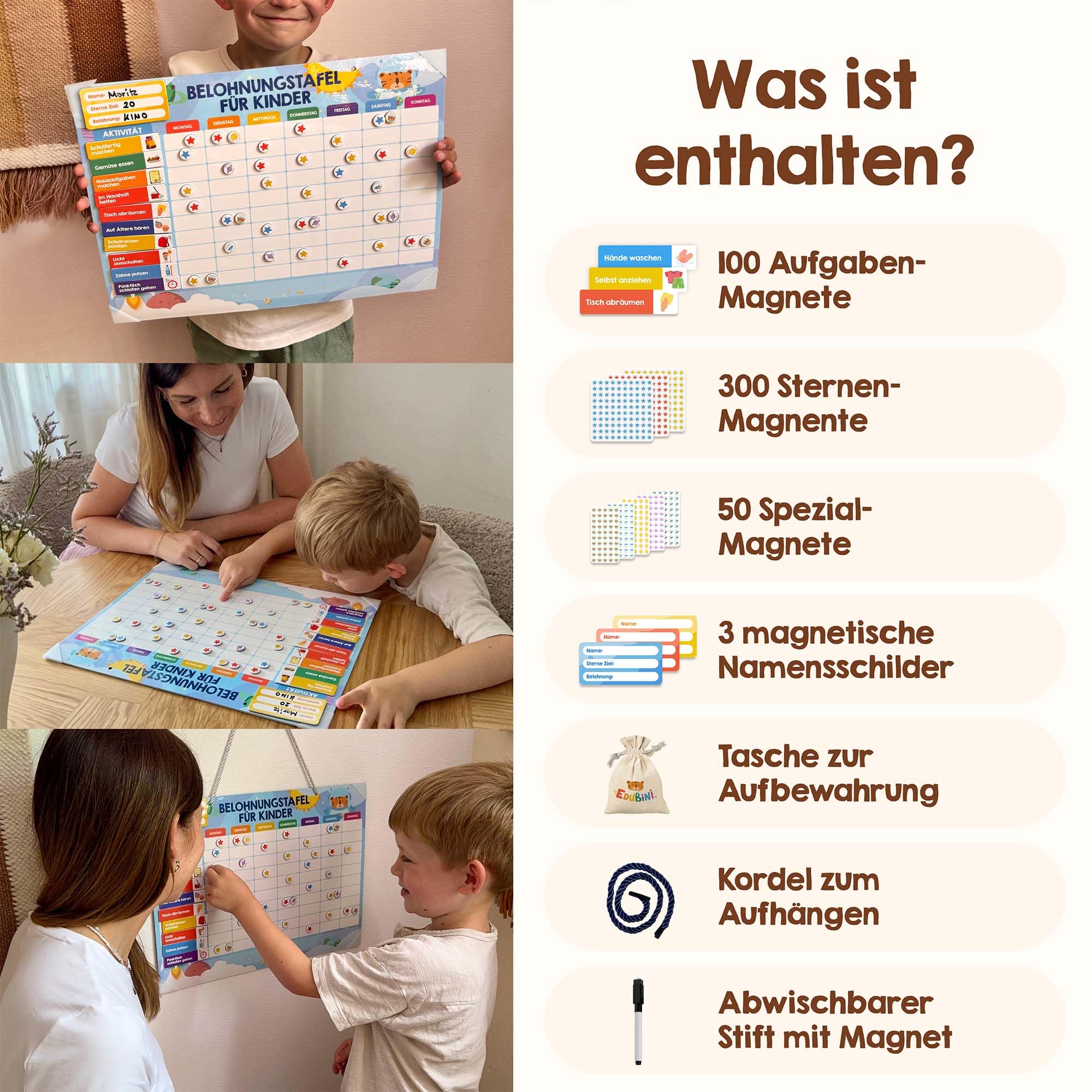 Edubini Tablica nagród dla dzieci - [100 misji, 350 magnesów] - System nagród odpowiedzialnych - tablica magnetyczna Montessori, planer tygodniowy dla dzieci, pomoc ADDHS - w zestawie torba, długopis