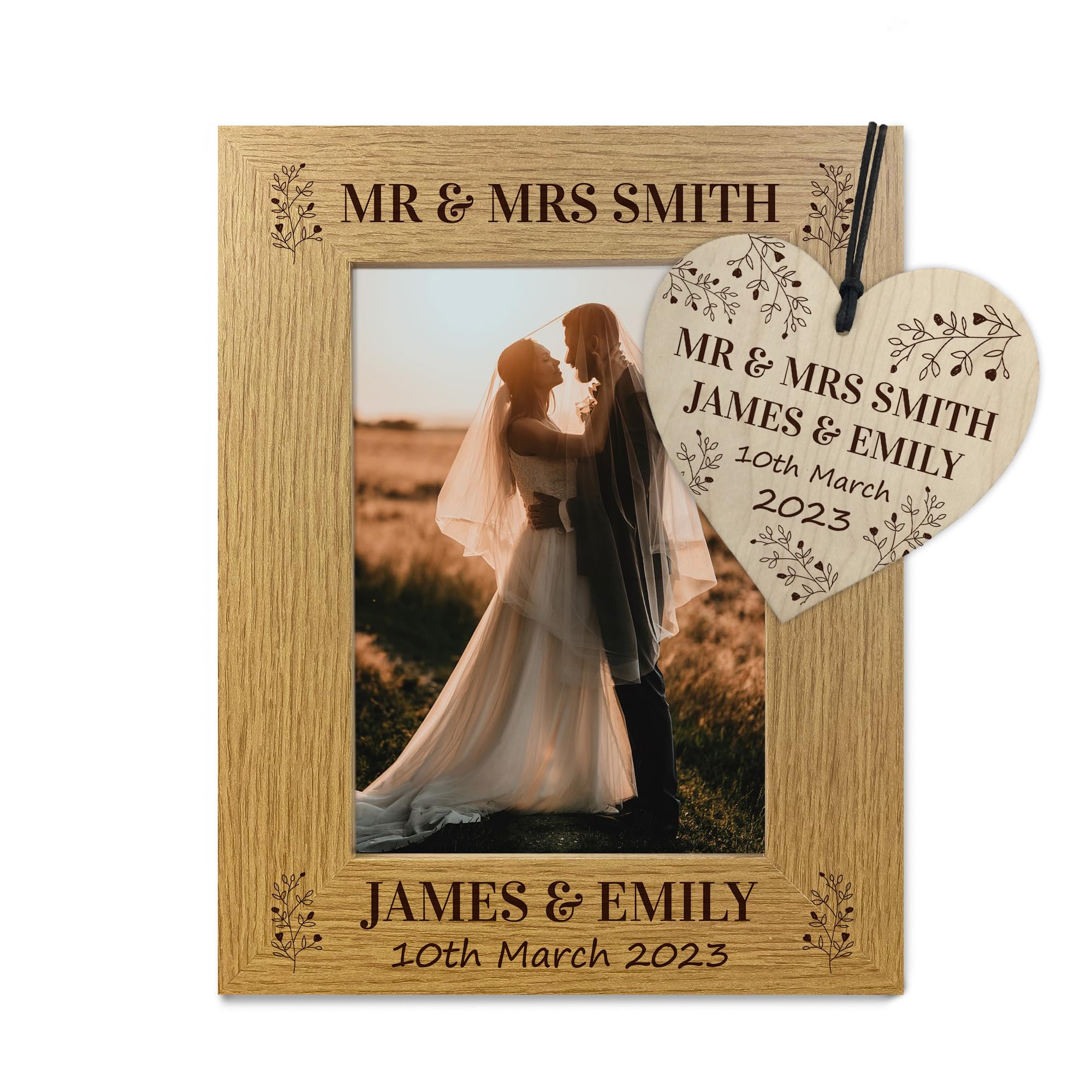 RED OCEAN Personalised Wedding Gift Wooden Wedding Day 7x5 Photo Frame and Heart Plaque, Wedding Gift For Bride and Groom, Personalised Wedding Gifts For Couple