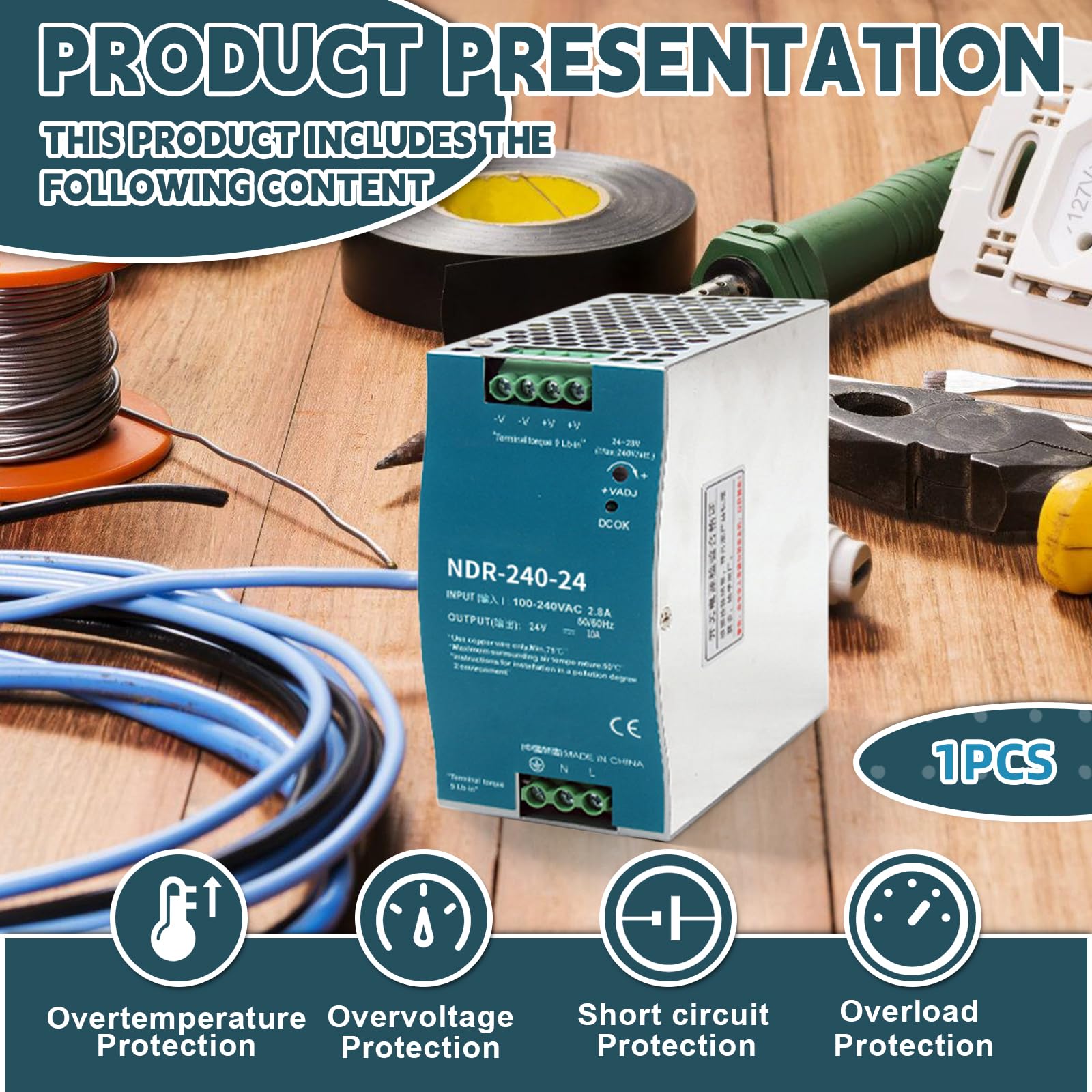 Fuente de alimentación de 24 V, 240 W, 10 A: transformador de 100 – 240 V a 24 V, fuente de alimentación conmutada para automatización industrial, protección contra sobretensiones, sobrecargas
