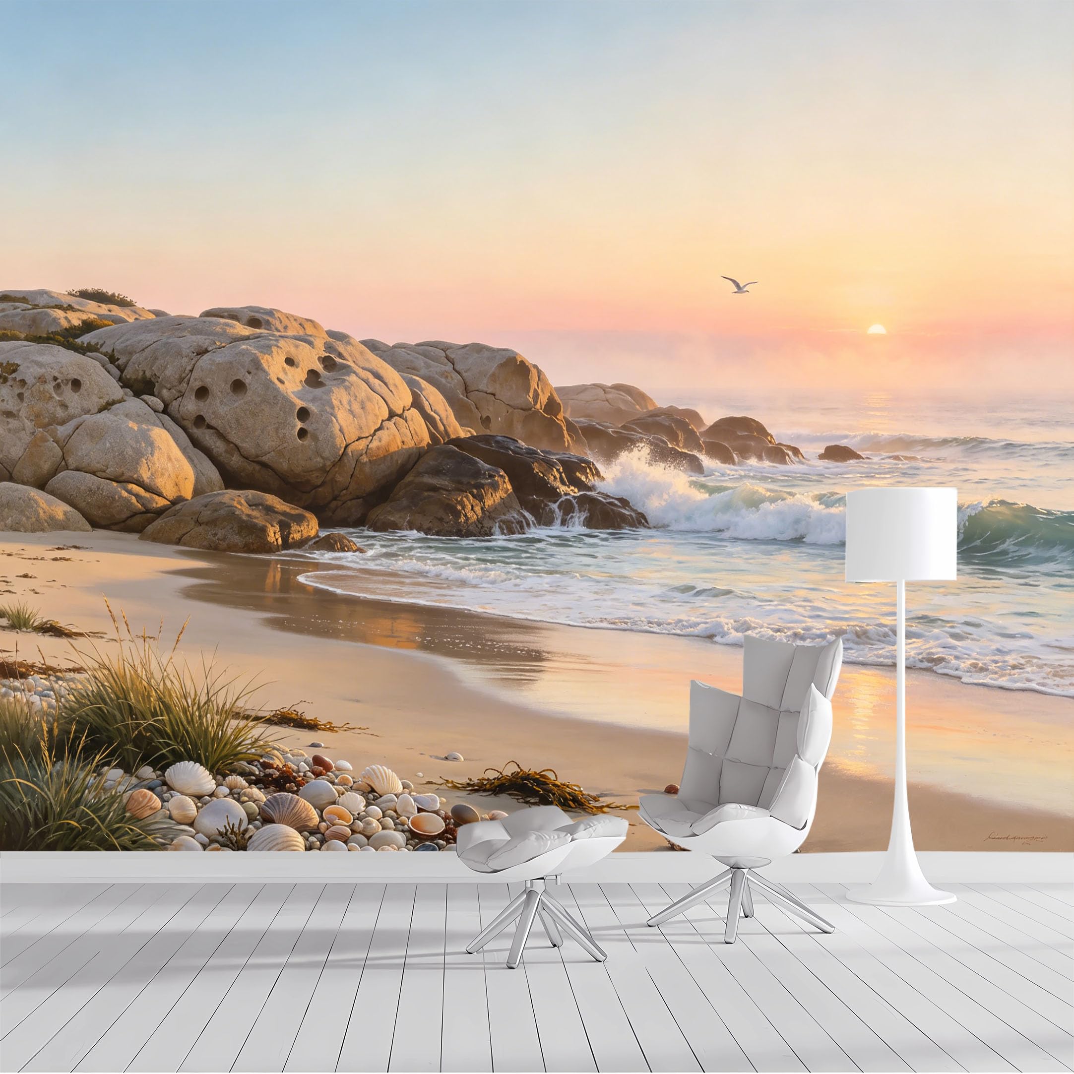 Custom Size Wall Mural Coastal Ocean Seascape Realistic Watercolor Oil Painting SelfAdhesive Wall Fabric Removable Peel and Stick Wallpaper Wall Decor for Living Room Bedroom Bathroom