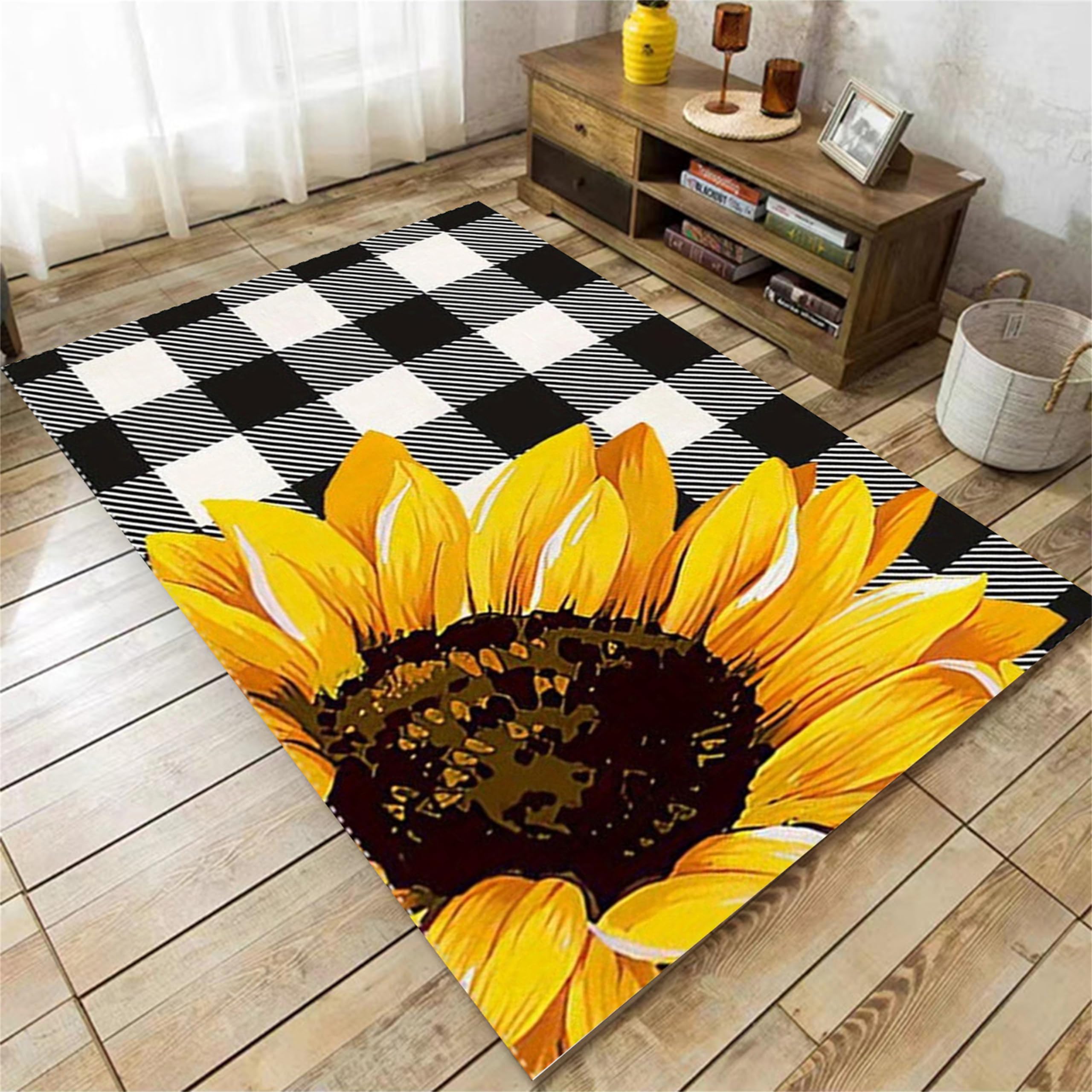 Houient Sunflower Floral Area Rug,6x8ft, Girly Garden Yellow Flower Washable Rugs,Black and White Plaid Check Patchwork for Living Room Rug Non Slip