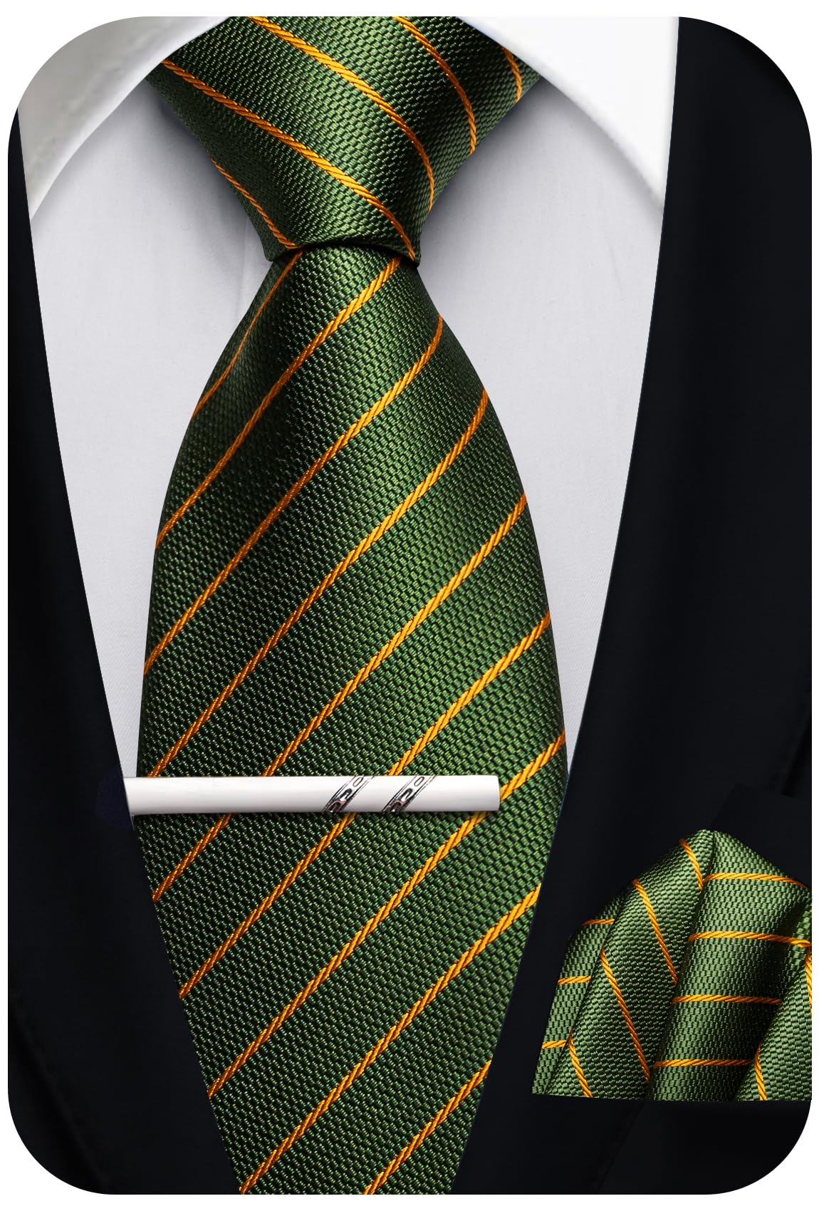 Herren-Krawatten, 160 cm, extra lang, klassisch, gestreift, Krawatte und Einstecktuch, Seidenkrawatte, Taschentuch, Krawattenklammer für formelle Hochzeit, Party