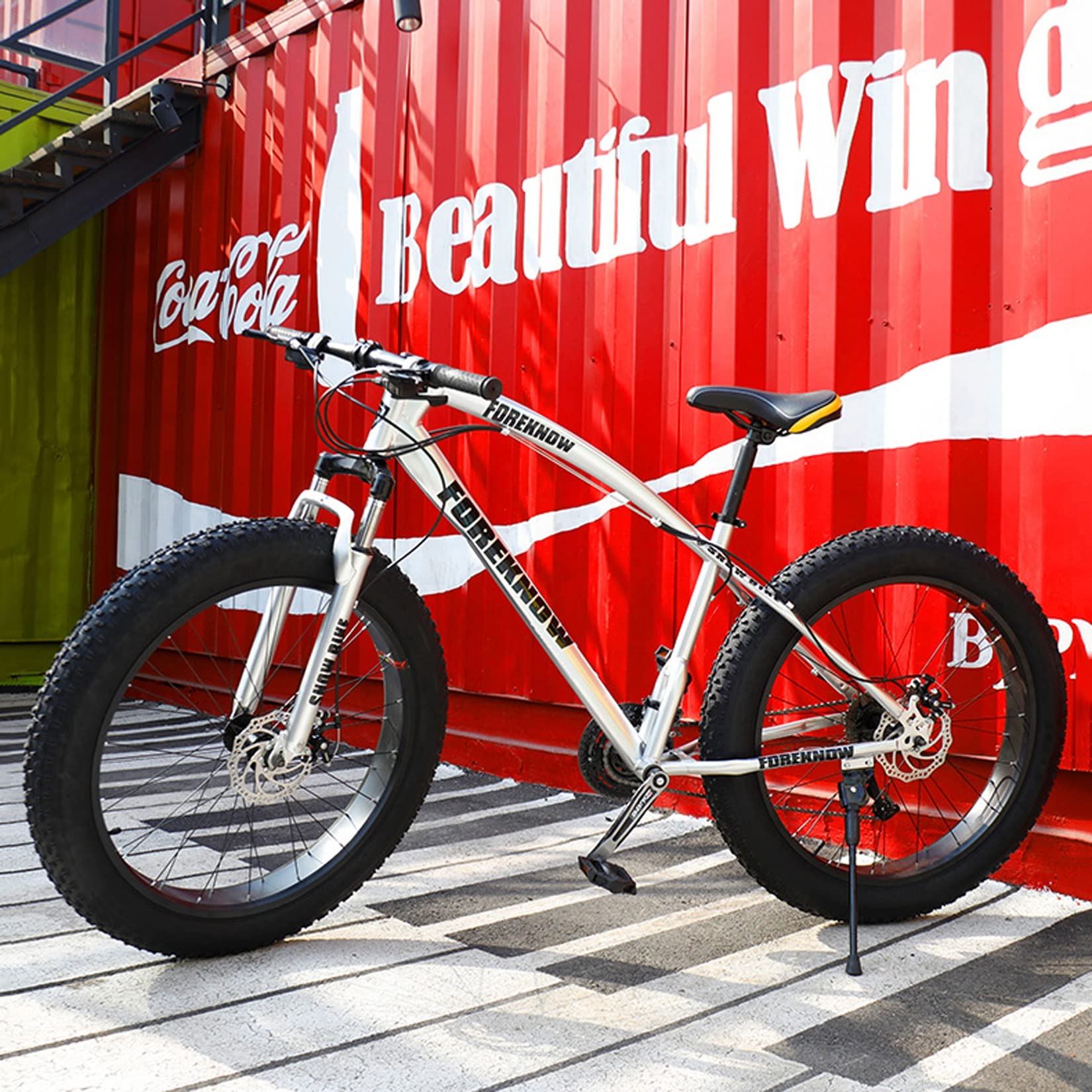 WLWLEO 26 Inch Fat Tire Mountain Bikes Bicycle Beach Snow Anti-Slip Bike, High-Carbon Steel Frame, Dual Disc Brake System, Urban Offroad Bicycles for Adults Mens Womens,Orange,24speed