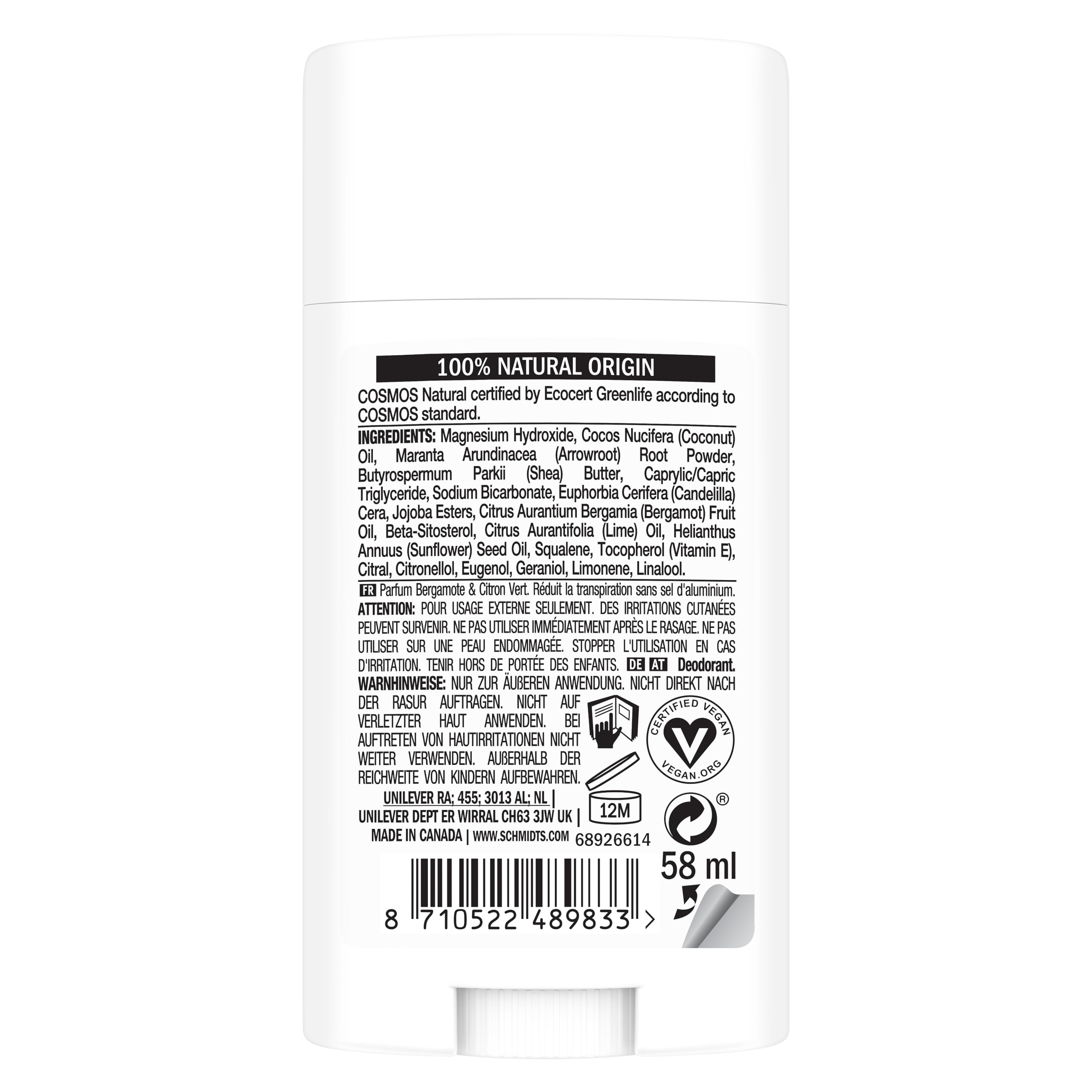 Schmidt's Déodorant Stick Signature Bergamote et Citron Vert, Efficace 24h, 100% Origine Naturelle, Certifié naturel et Vegan, Testé Dermatologiquement, 75g