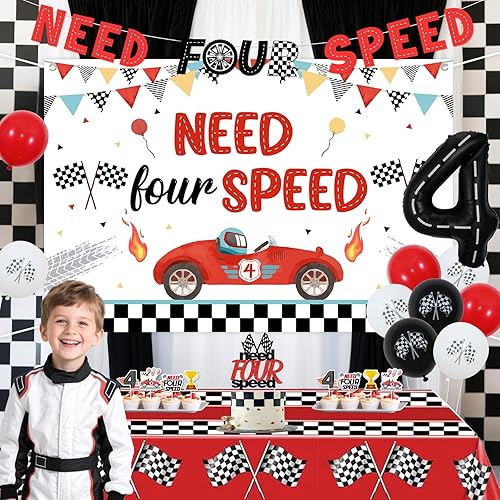 Miniatura 4 de Need Four Speed - Decoraciones de cumpleaños con temática de auto de carreras, pancarta para decoración de pasteles, decoración de cupcakes, mantel