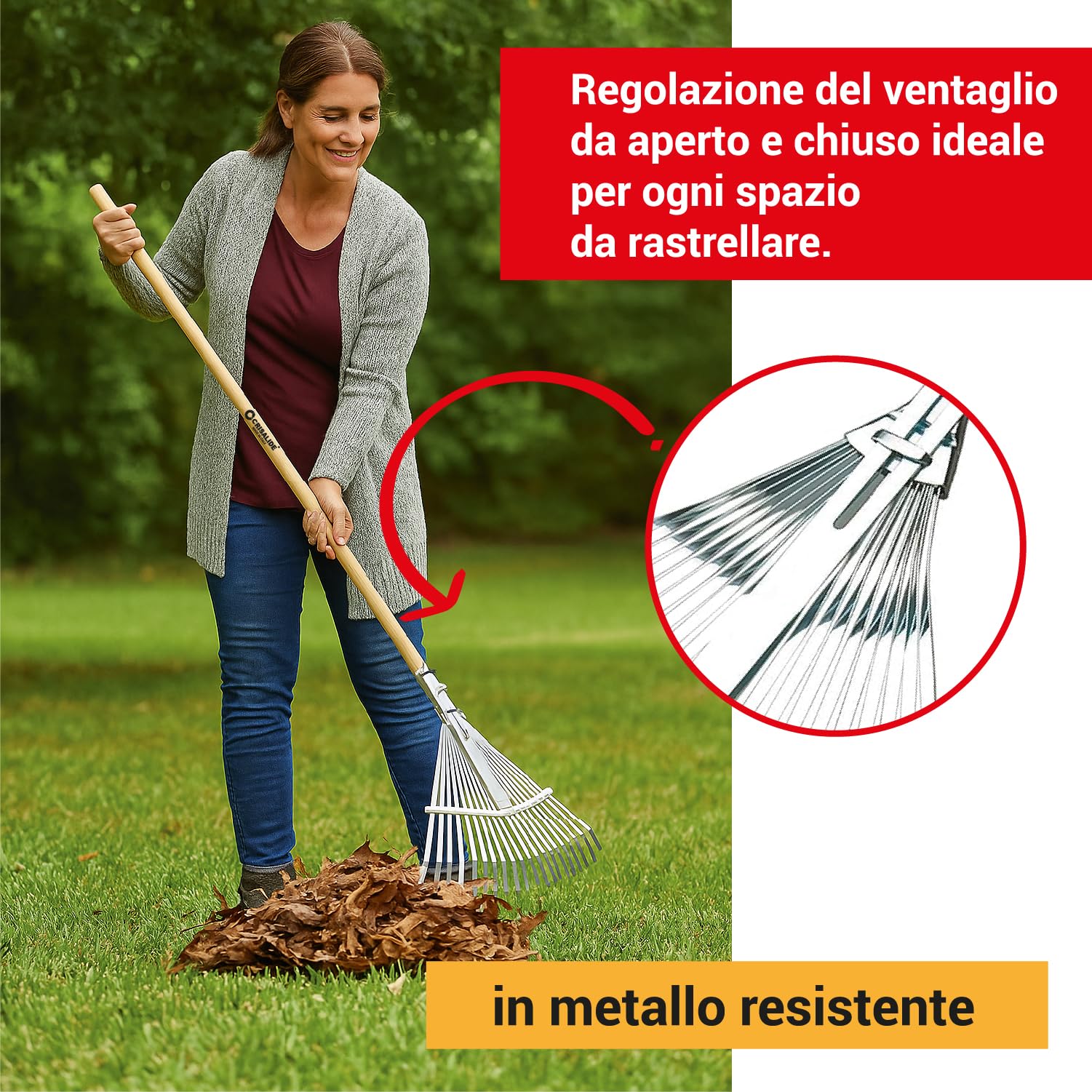 Crisalide®- Rastrello REGOLABILE + MANICO 150cm (faggio), Regolabile in metallo 22 denti