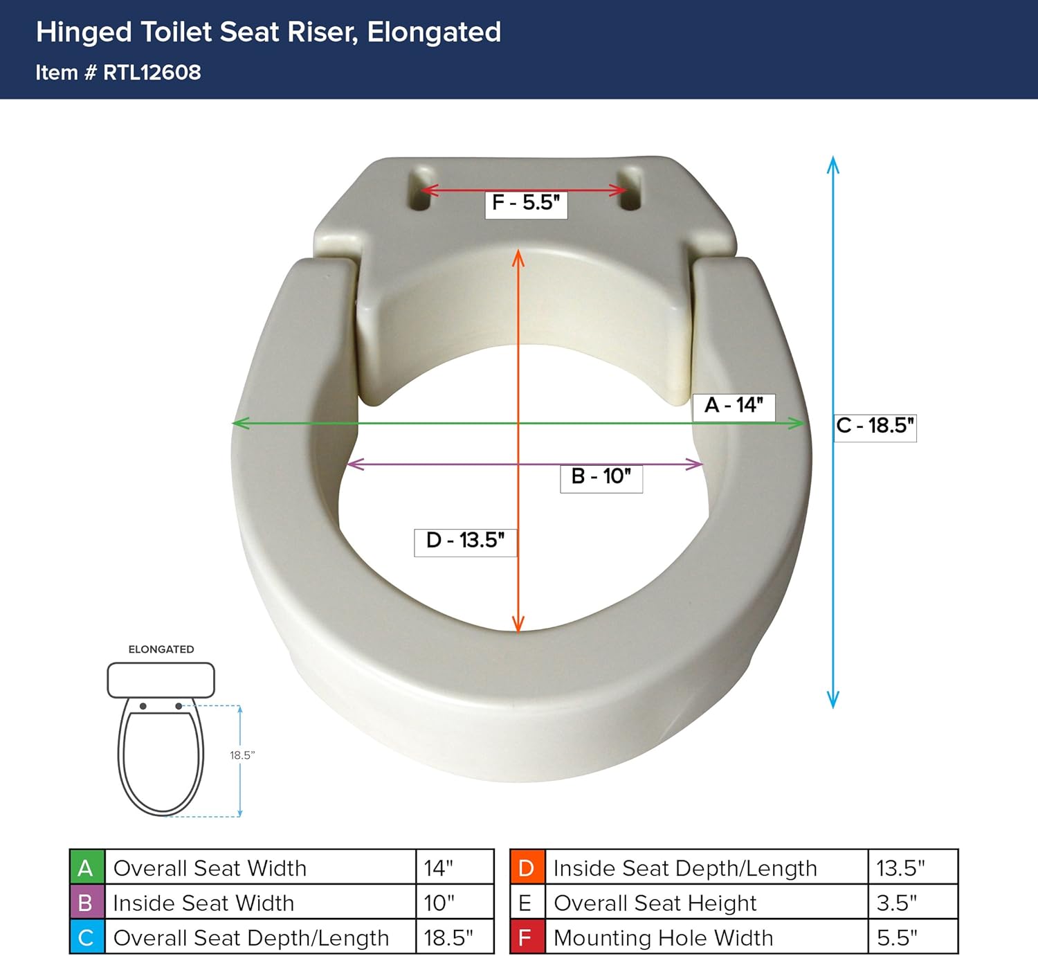 Drive Medical Hinged Toilet Seat Riser, Elongated Seat, White: Health & Personal Care