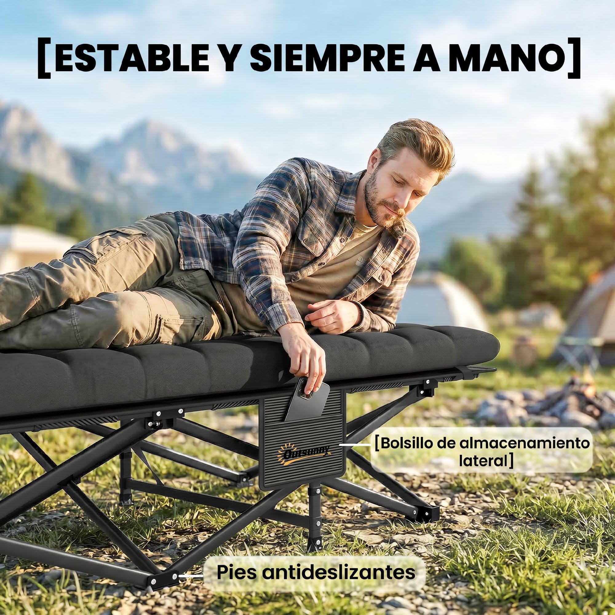 Outsunny Cama Plegable Camping con Colchón Extraíble Cama de Acampada Portátil Extra Ancha 80 cm Tela Oxford 600D con Reposacabezas Bolsa Transporte Bolsillo Carga 200 kg para Playa Senderismo Negro