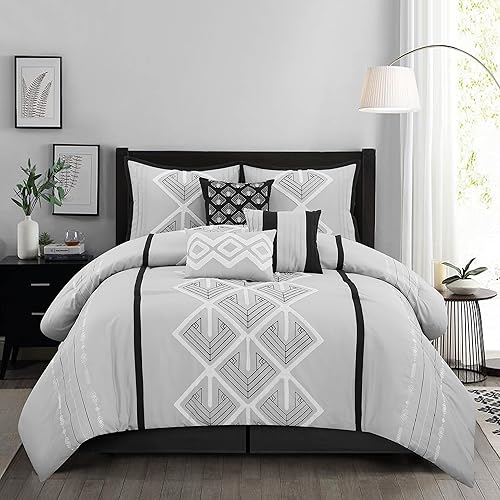 Miniatura 7 de Grand Avenue Juego de edredón geométrico negro y gris, 7 piezas, funda de almohada bordada de rizo, falda de cama, almohada decorativa, decoración