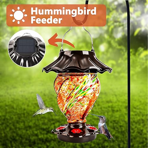 Miniatura 9 de LUJII Alimentador solar para colibríes que cambia de color para colgar al aire libre, vidrio soplado a mano, 35 onzas líquidas, nunca gotea,