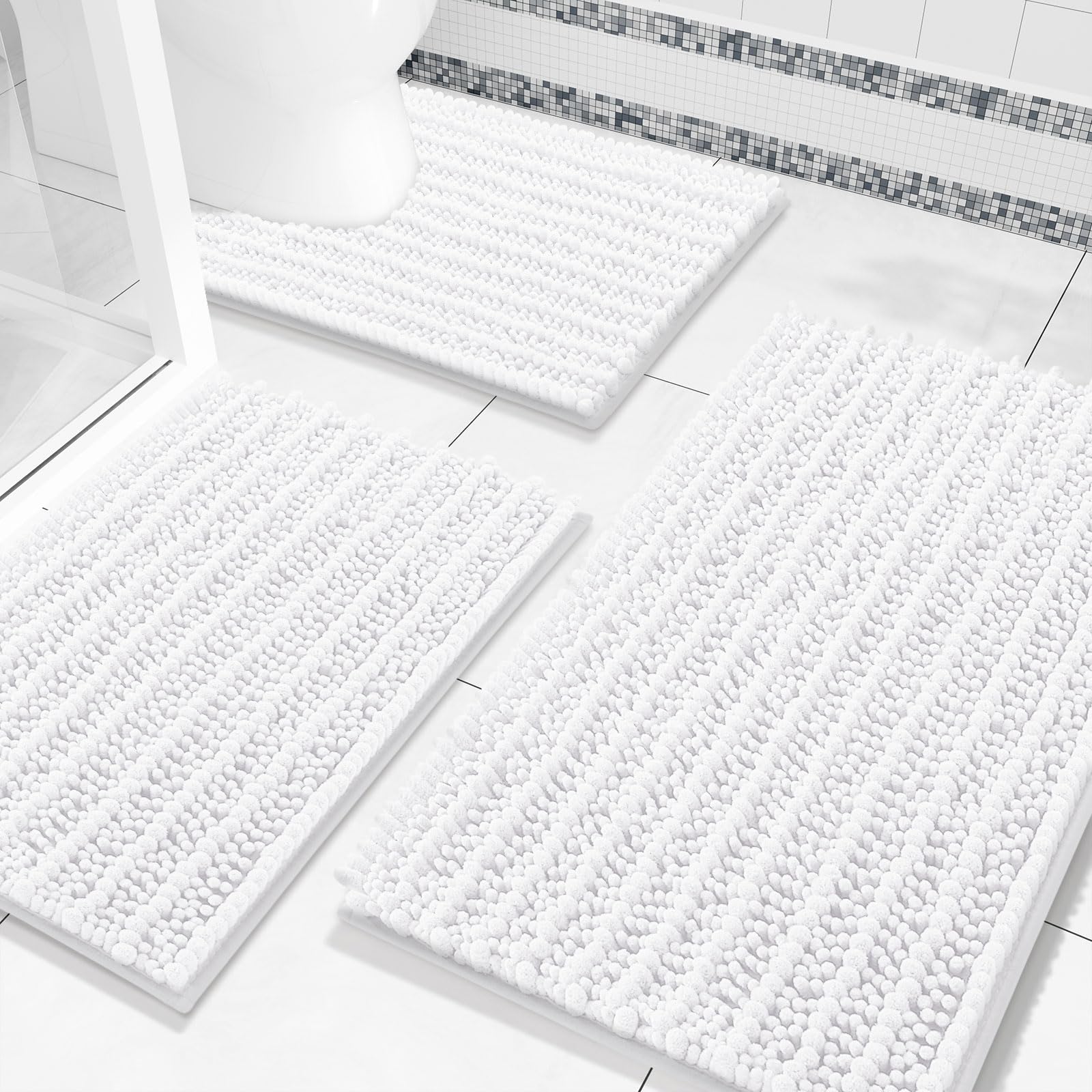 Arotive Chenille Bathroom Rugs Set 3 Piece, Extra Soft Absorbent Shaggy Bath Mat and U-Shaped Contour Toilet Rug, Non-Slip Machine Wash Dry Bath Mats