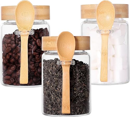 Tarro de vidrio con tapa de rosca y cuchara, juego de 3, recipientes de té de 16 onzas para té de hojas sueltas, recipientes de sal y azúcar para
