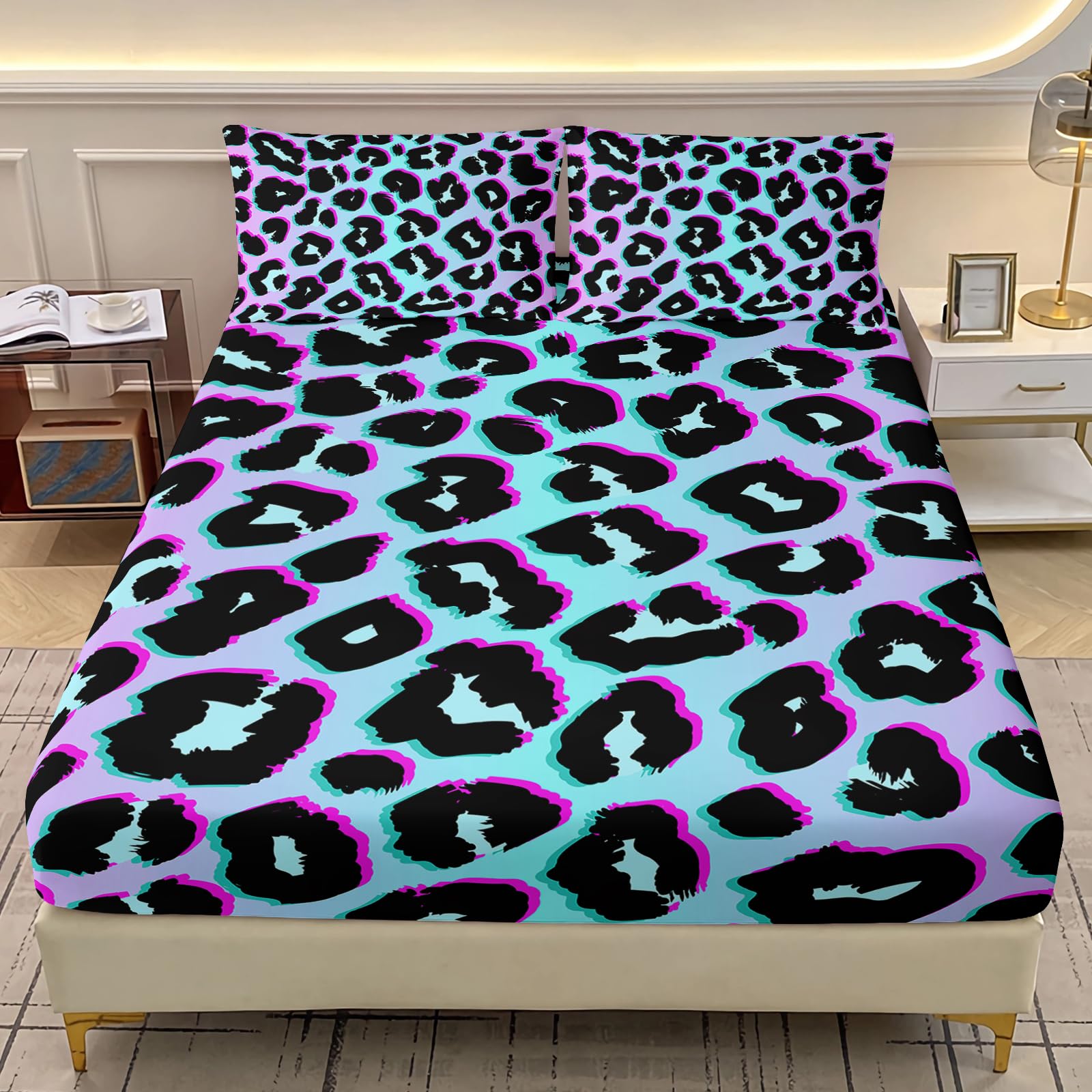 AILONEN Leopard Print Bedding Set Full Size 3Pcs,Blue &amp; Purple Fitted Sheet with 2 Pillowcases,African Cheetah Printed Wildlife Bed Sheet Set for Girls Women