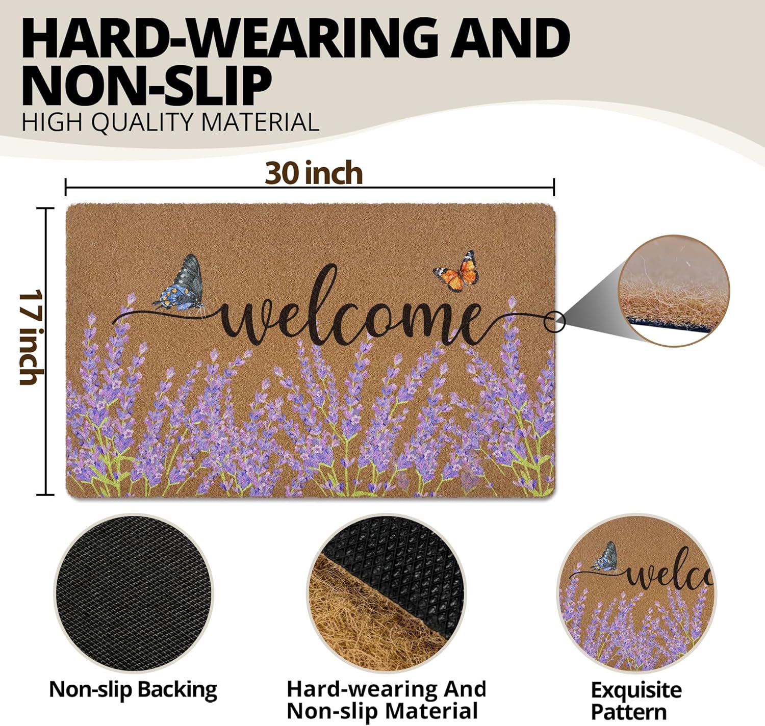 Lavender Floral Welcome Door Mat, Rustic Floral Butterfly Welcome Front Door Mat Indoor Outdoor Entrance, Purple Flower Artificial Coir Doormats Rugs for Porch Entryway Decor 30x17in