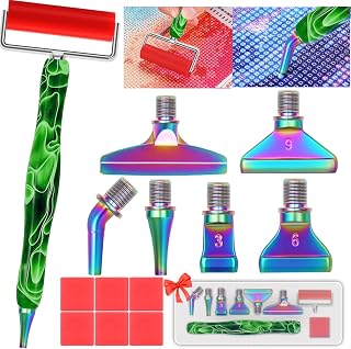 Heyseri 14PCS Diamond Painting Pen Accessories Tools Set, Exquisite Stainless Steel Metal Pen Tips,Ergonomic Diamond Art Pen and 6 Painting Glue Clay,Comfort Grip and Faster Drilling (Green Rainbow)