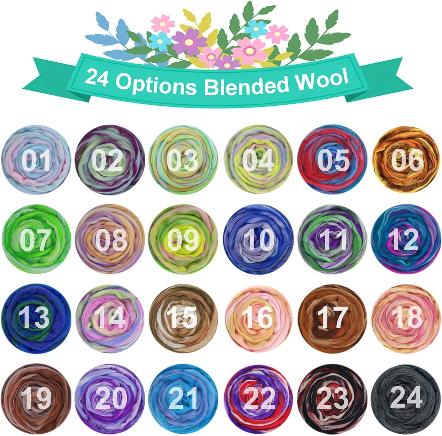 50G Blended Felting Wool - 24 Options for Needle Felting Kit - 19 Microns Fast to Felt (01)