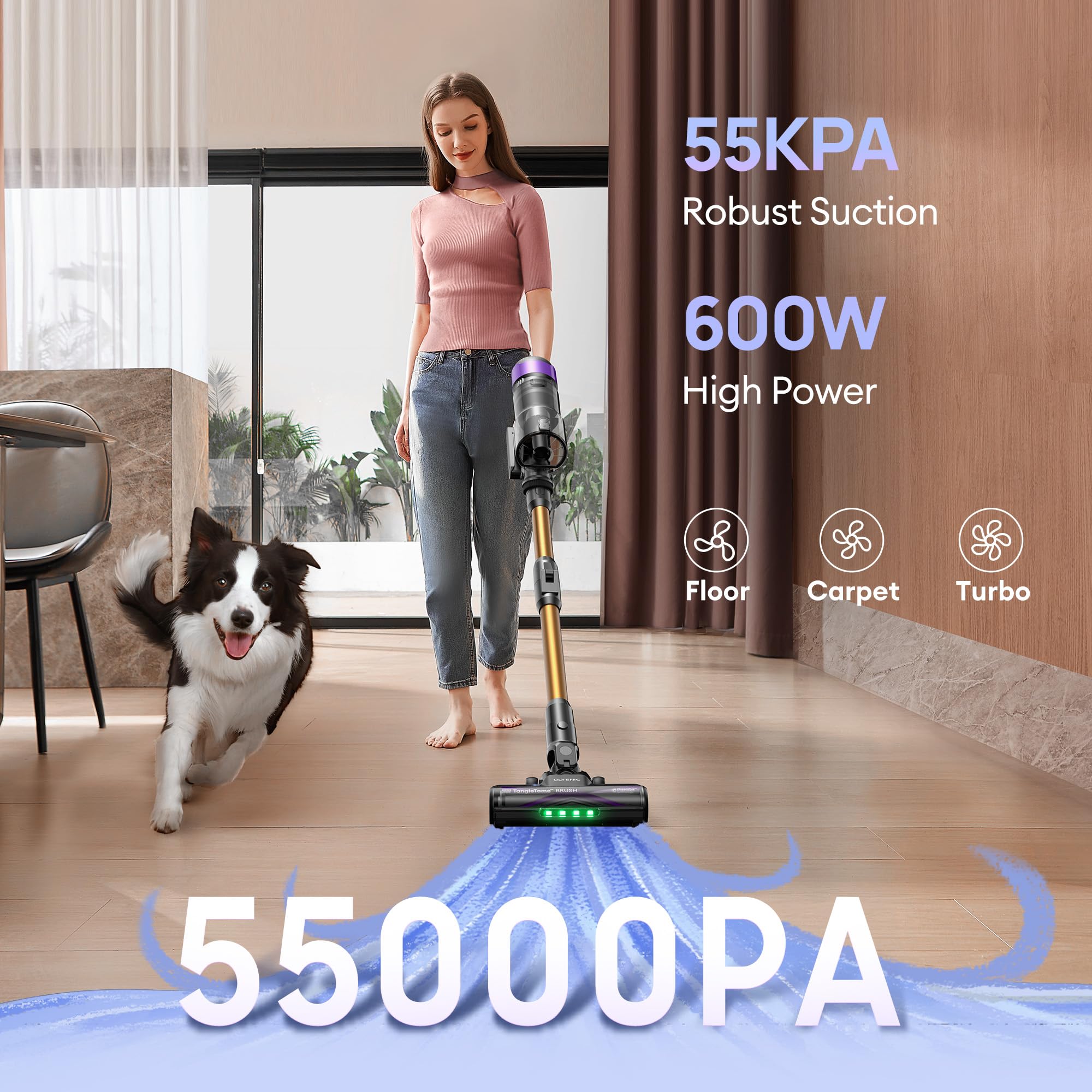 Ultenic Odkurzacz Akumulatorowy 55000Pa/55Min, Funkcja Samostojąca, Szczotka Zapobiegająca Plątaniu Się Podłóg, Odkurzacz Akumulatorowy z Wyświetlaczem LED, Green Eye™, Do Twardych Podłóg, Dywanów