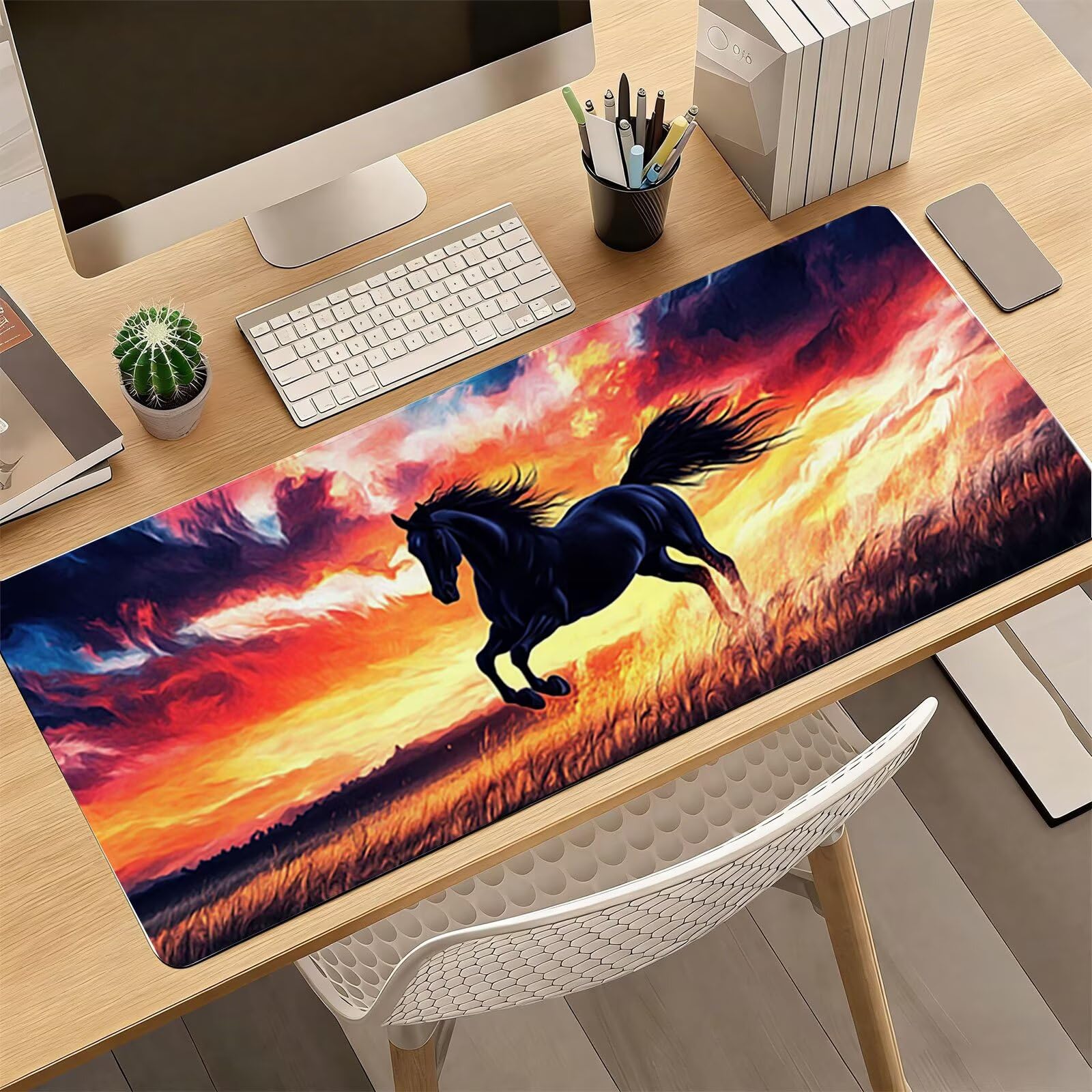 Tappetino Mouse XXL, 70x140cmx3mm Mouse Pad Impermeabile Grand, Gaming Tappetino Per Mouse, Base Antiscivolo in Gomma, Accessori Scrivania, Ufficio Accessori, Cavallo Nero JX6B-675