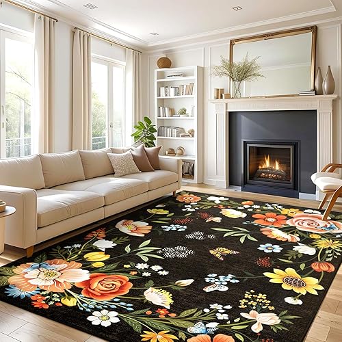 Area Rug 8x10 Clearance Rugs for Living Room Black Floral Large Vintage Washable Rug Non Slip Low Pile Carpet Rug for Bedroom, Kids Playroom, Farmhouse, Dining Room, Black