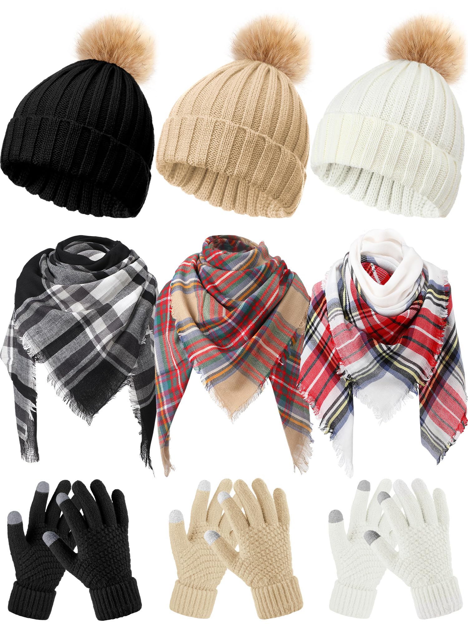 Suhine 9-teiliges Damen-Winter-Set, warme Strickmütze, Mütze mit Bommel und Touchscreen-Handschuhen, kariert, Schal, Decke für Damen und Herren, Winter