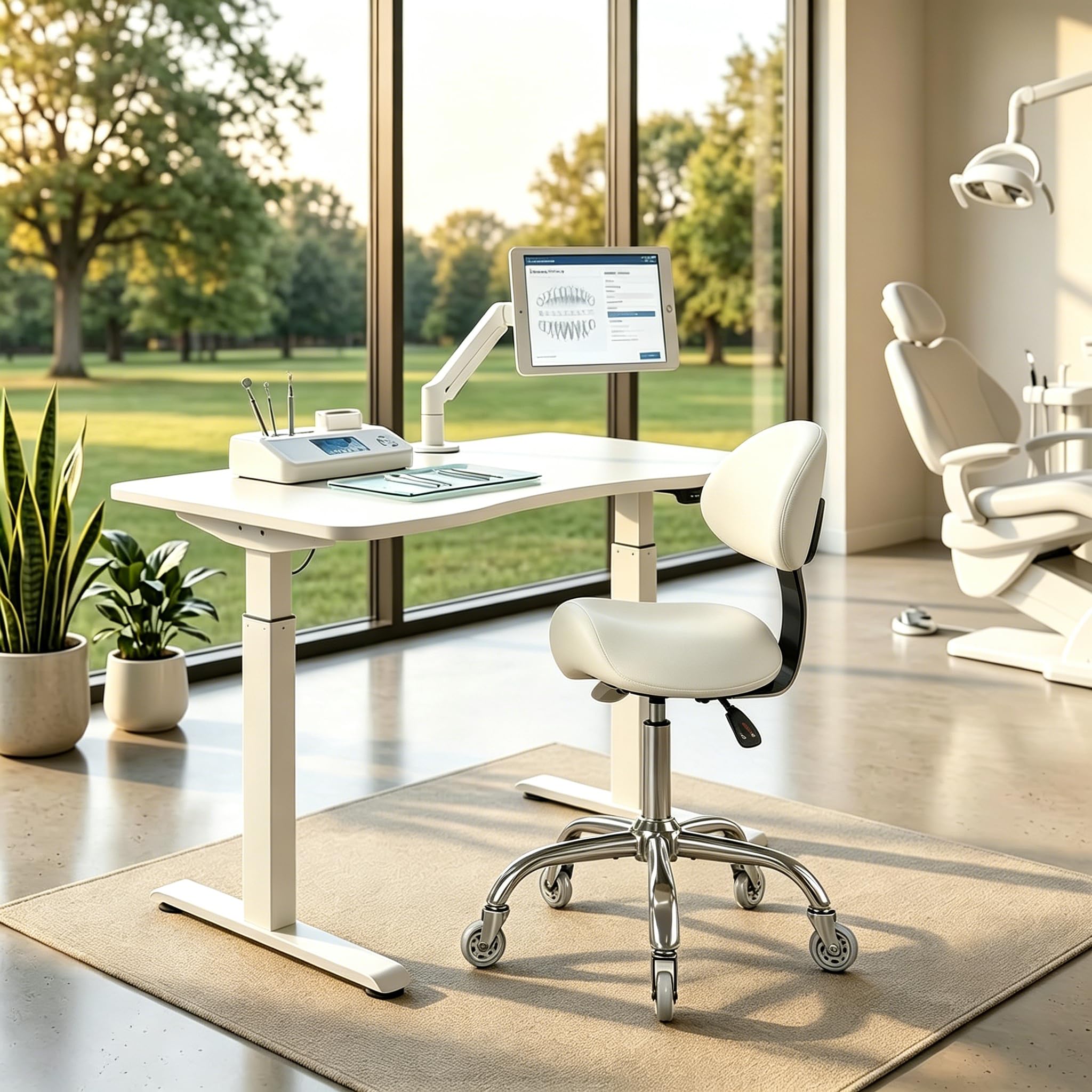 Adjustable PU Leather Rolling Saddle Stool with 360° Swivel