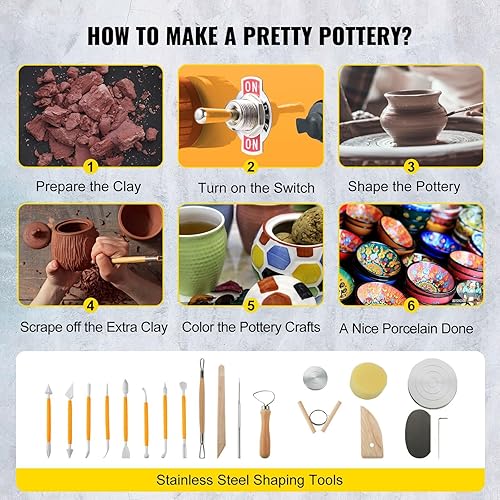 Miniatura 6 de Kit de escultura eléctrica de rueda de cerámica de velocidad ajustable con 3 bandejas giratorias y 16 herramientas, ideal para trabajos artísticos,