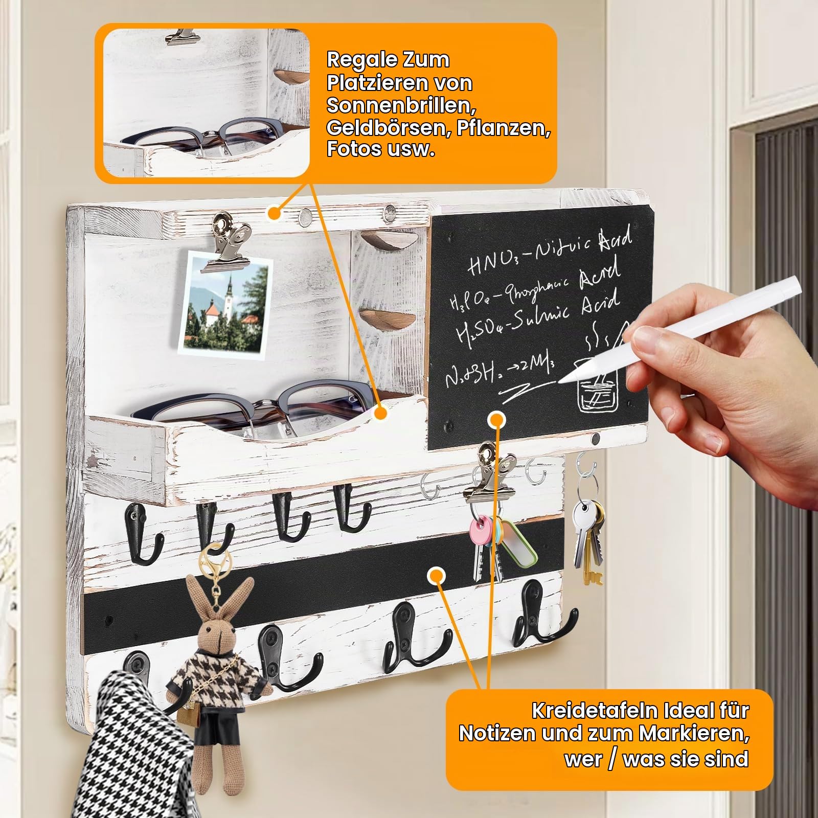 Schlüsselbrett Holz mit Ablage, Schlüsselkasten Holz, Schlüsselhalter mit Kreidetafel y 16 Haken, 35 x 28cm Briefablage Schlüsselablage Wand Dekoratives Schlüsselboard für Eingang Flur Wohnzimmer