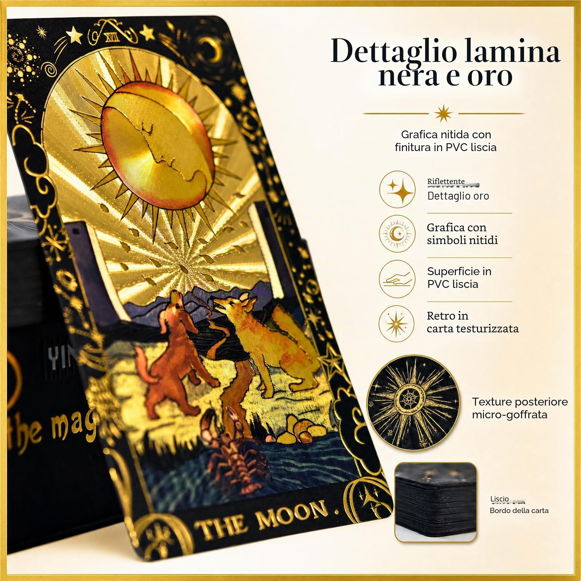 Mazzo di Tarocchi Inglesi Waite in Lamina d'Oro Nero, 78 Carte Gold Foil in PVC Impermeabile con Guida da 36 Pagine, Design Misterioso Rider Waite