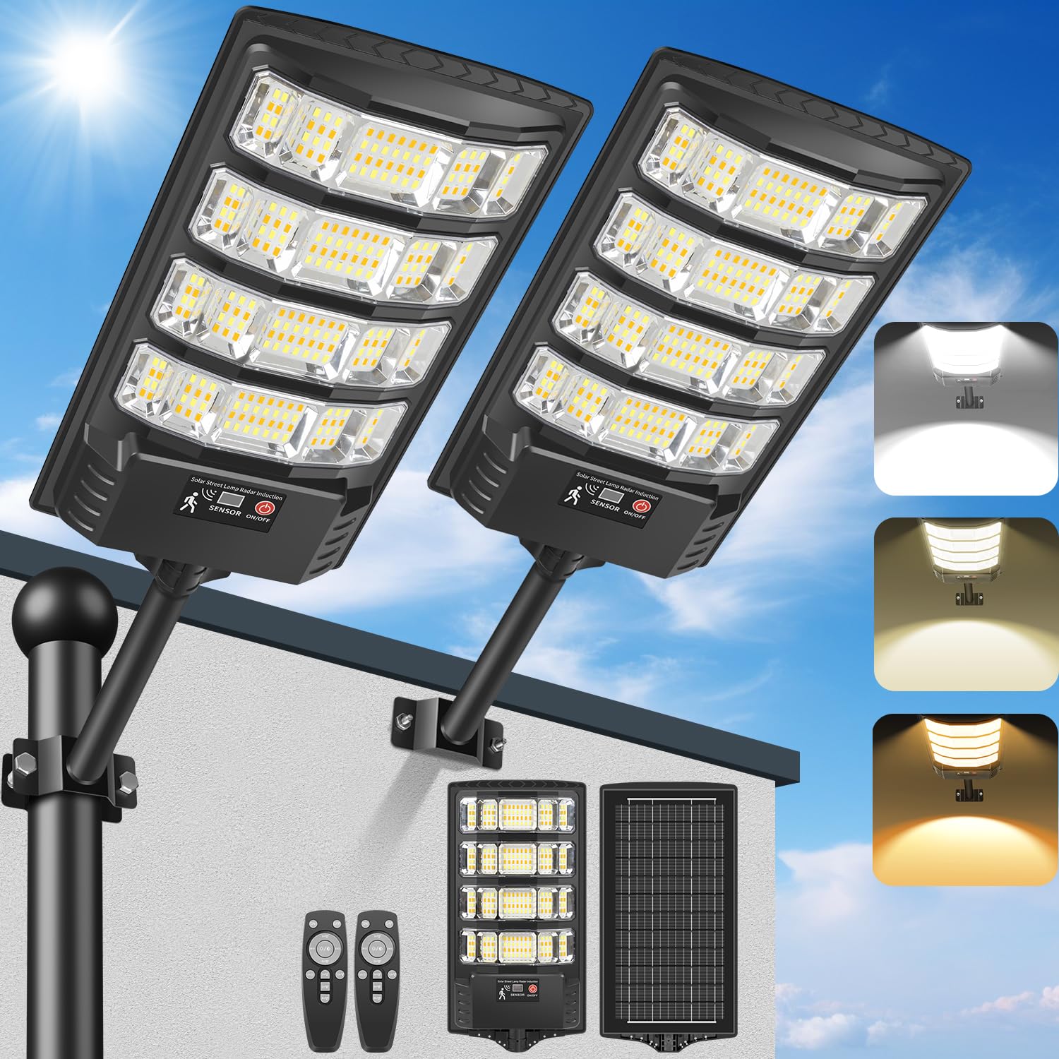 Farolas Solares LED Exterior, Foco Solar Potente 6500K Blanca y 3000K Cálida Luz Impermeable con Mando a Distancia,Sensor de Movimiento Farolas de Jardín Lámpara Solar para Garaje -2 Pack