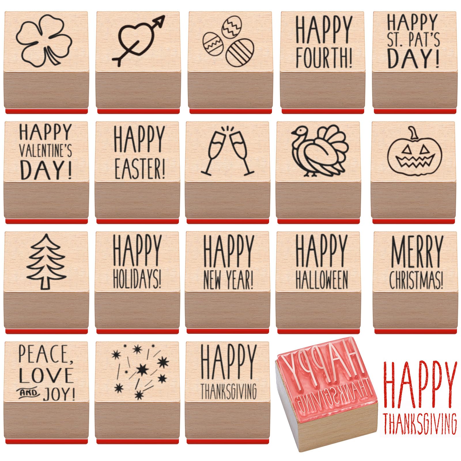 MotiMind Juego de 18 sellos de madera para todos los días festivos, sellos de goma de madera para hacer tarjetas, decoración y suministros de álbumes de recortes