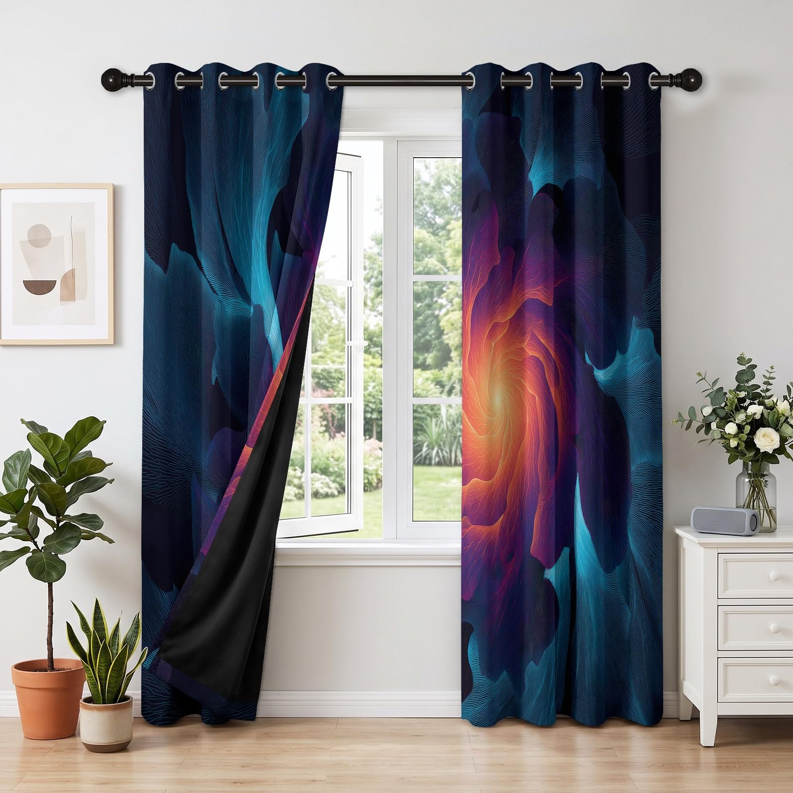 Zasłony zaciemniające 2 sztuki Fantasy Fluid Vortex Curtains Salon, Izolowane termicznie zasłony na zimno i ciepło z przelotkami do pokoju dziecięcego sypialni, fioletowy niebieski, 117 x 137 cm