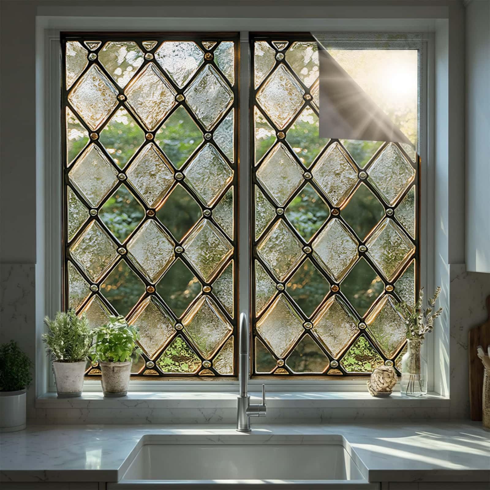 Privacy Film for Glass Windows 43x200cm Transparent Grid Stained Glass Window Film Non Adhesive Reusable Waterproof PVC Opaque Window Stickers for Bathroom Office Decoration