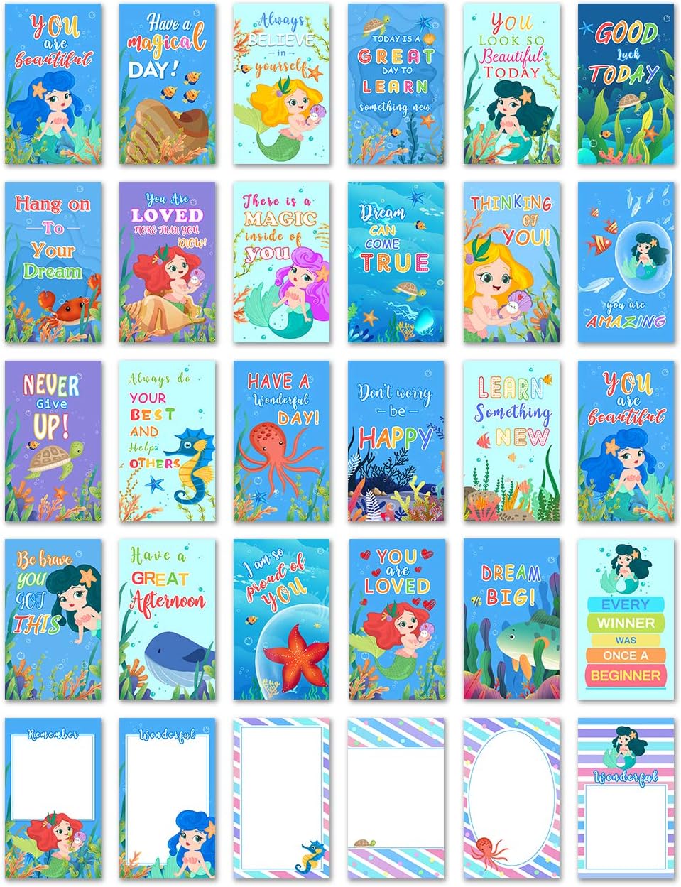 30 Mermaid School Lunch Box Notes For Kids, Inspirational Motivational Cards Boys Girls From Mom, Encouraging Student Children Teens, Thinking of You Positive Affirmation Encouragement Lol Fun Love