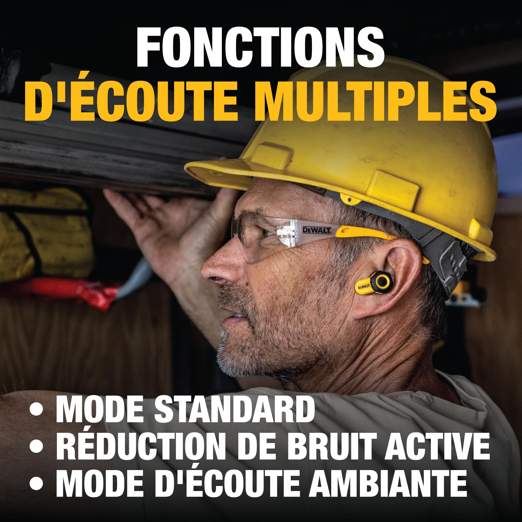 DEWALT Écouteurs sans Fil Bluetooth Robustes Jobsite Pro X2 ANC, réduction Active du Bruit, Commandes rotatives, autonomie de 10 h (Plus de 40 h avec étui), 4 Modes d'égalisation, IP54